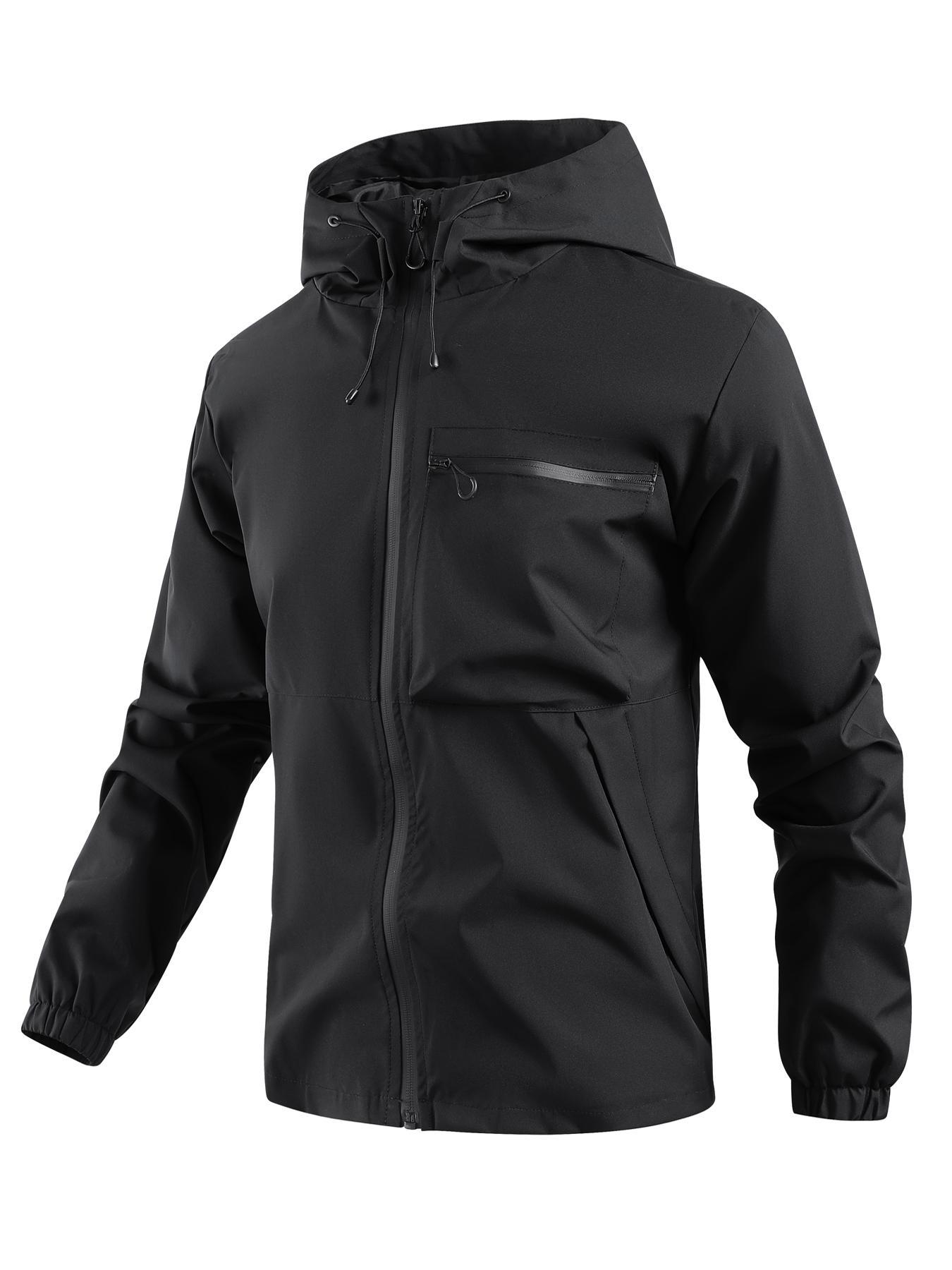 Men's Solid Pocket Drawstring Zip Up Hooded Waterproof Jacket, Regular Fit Casual Long Sleeve Windproof Jacket for Fall & Winter, Men's Clothing Jackets, Men's Outerwear for Outdoor Activities Technical Jacket, Jackets for Men Coats
