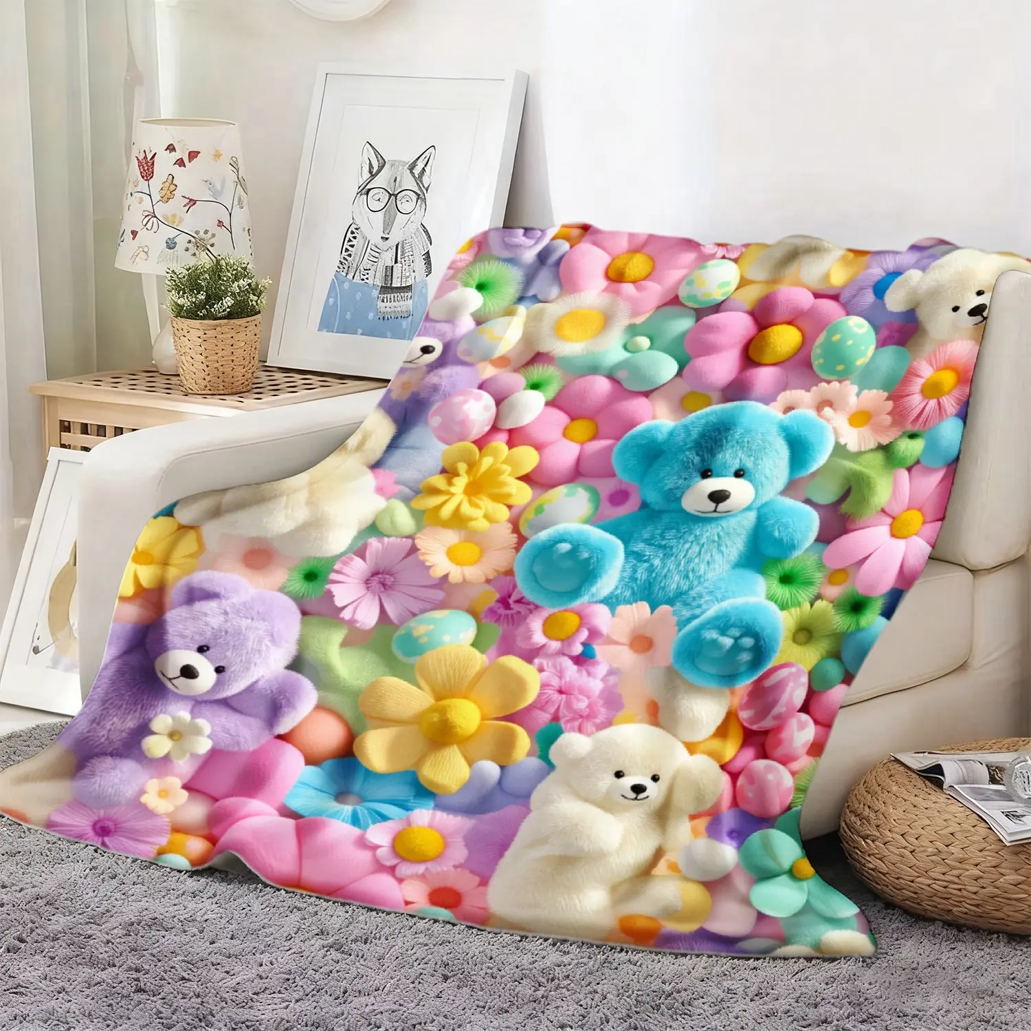 1pc Teddy Bear Floral Egg Pastel Print Flannel Blanket, Soft And Comfortable, All-Season Blanket, Suitable for Travel, Bedroom, Camping, Sofa, Bed, Office Decor, Perfect Gift for Family And Friends