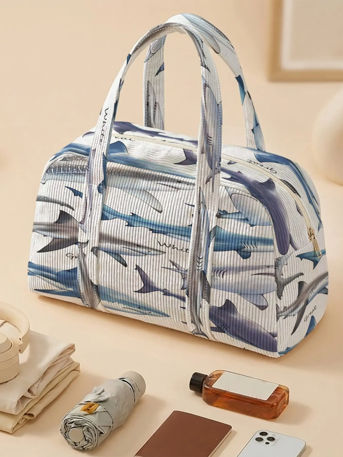 Women's Crossbody Shoulder Bag, Hand-Drawn Shark Collection 2D Print, Velvet Material, Round Shape, Full-Length Zipper, Dual Handles