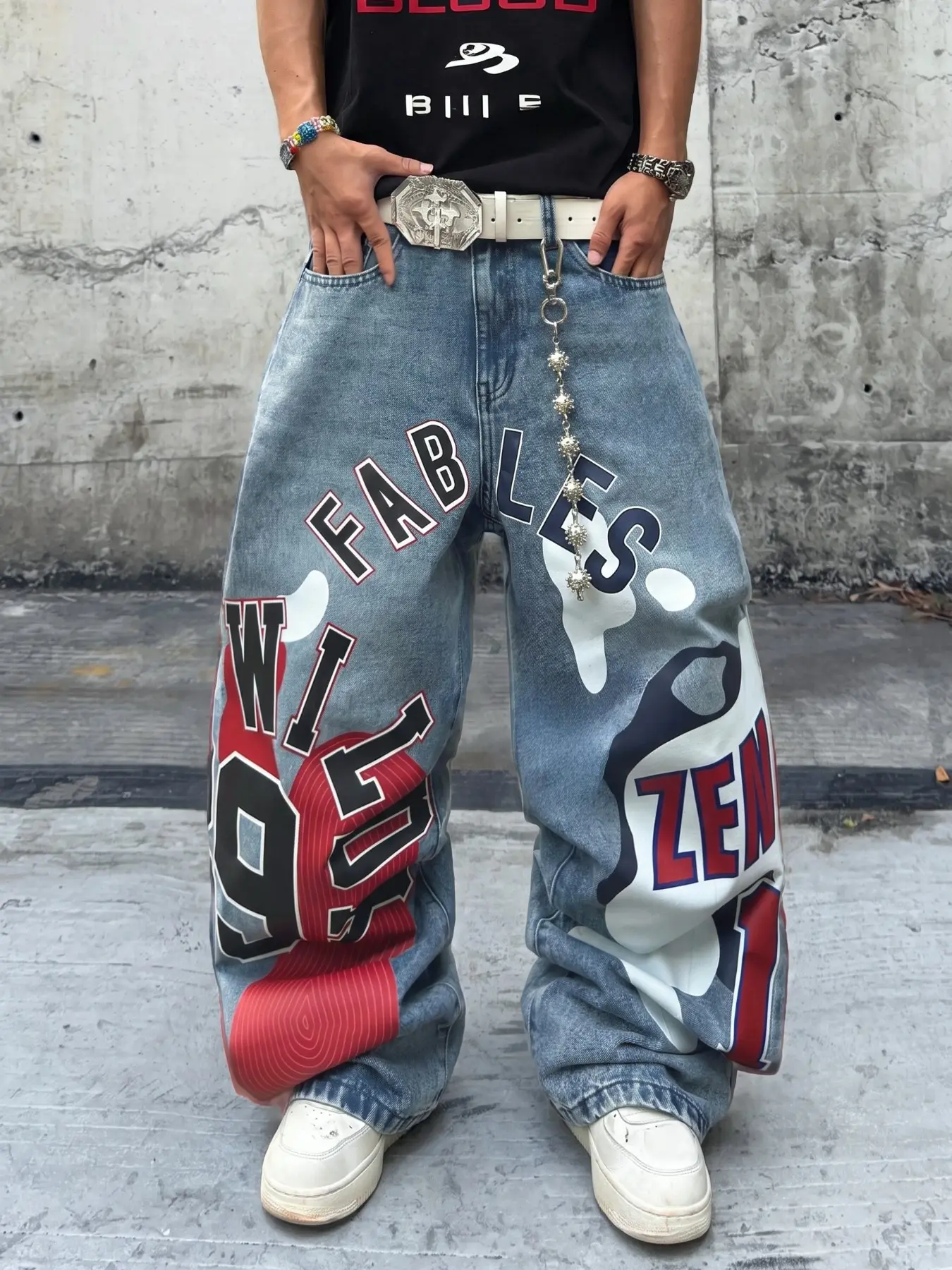 Men's Hip Hop Jeans, Loose-Fit Wide Leg Vintage Design, Streetwear Patchwork Print, All Seasons Fashion, Unlined Plain Surface