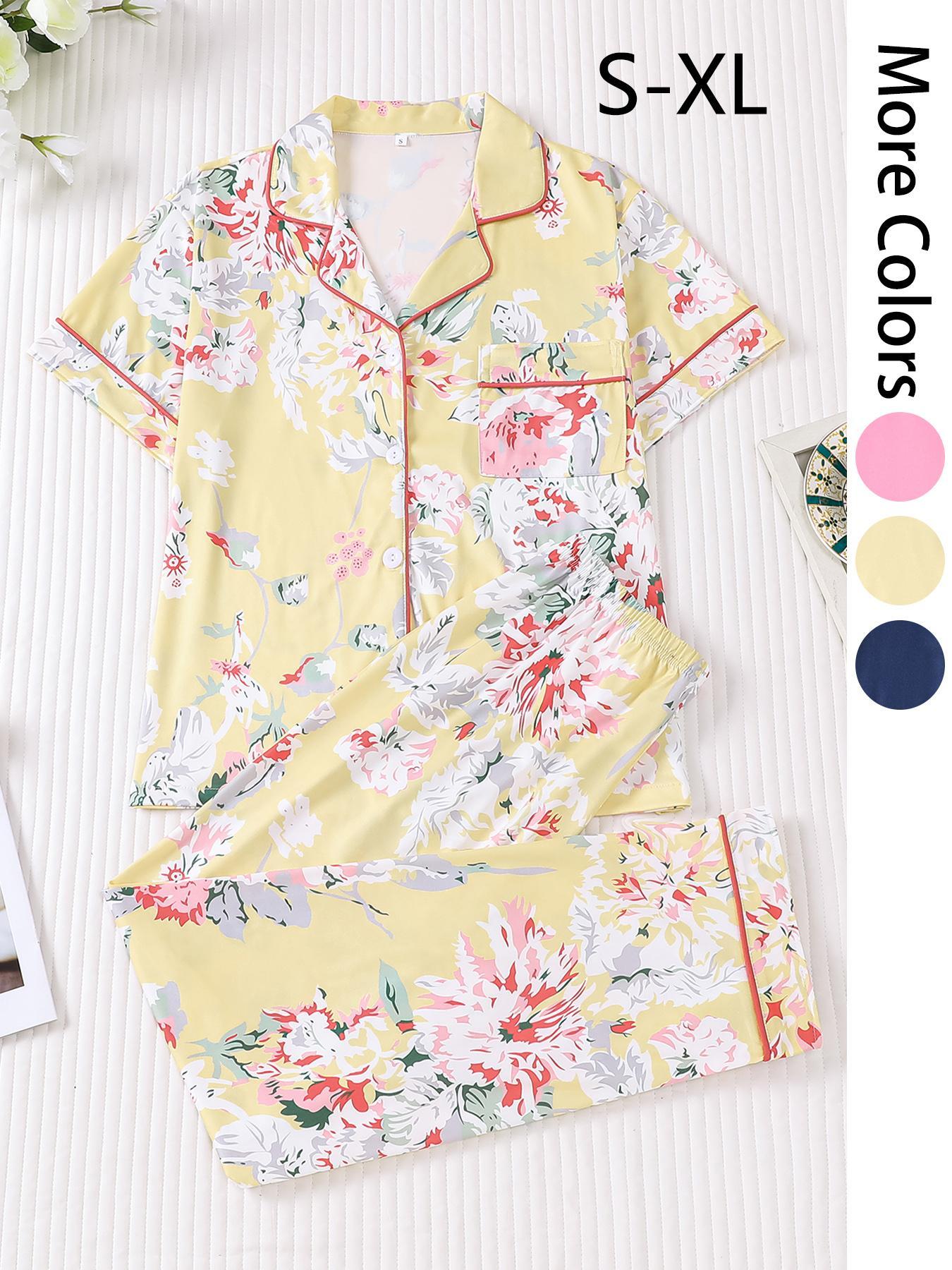 2 pieces of women's cotton print short sleeved pants sleepwear set Pajama Set with pockets suitable for all seasons, fashionable, comfortable, elegant and casual home wear