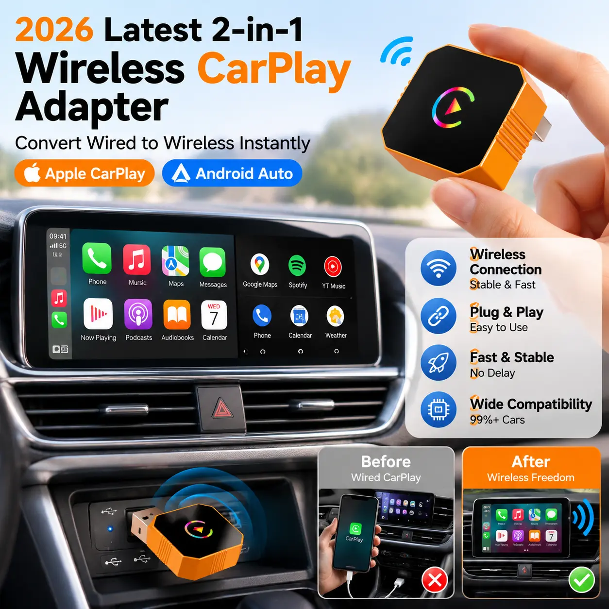 2026 Latest 2-in-1 Wireless CarPlay Adapter for Apple & Android, Convert Wired CarPlay to Wireless Connection, Plug & Play Car Multimedia Upgrade Device