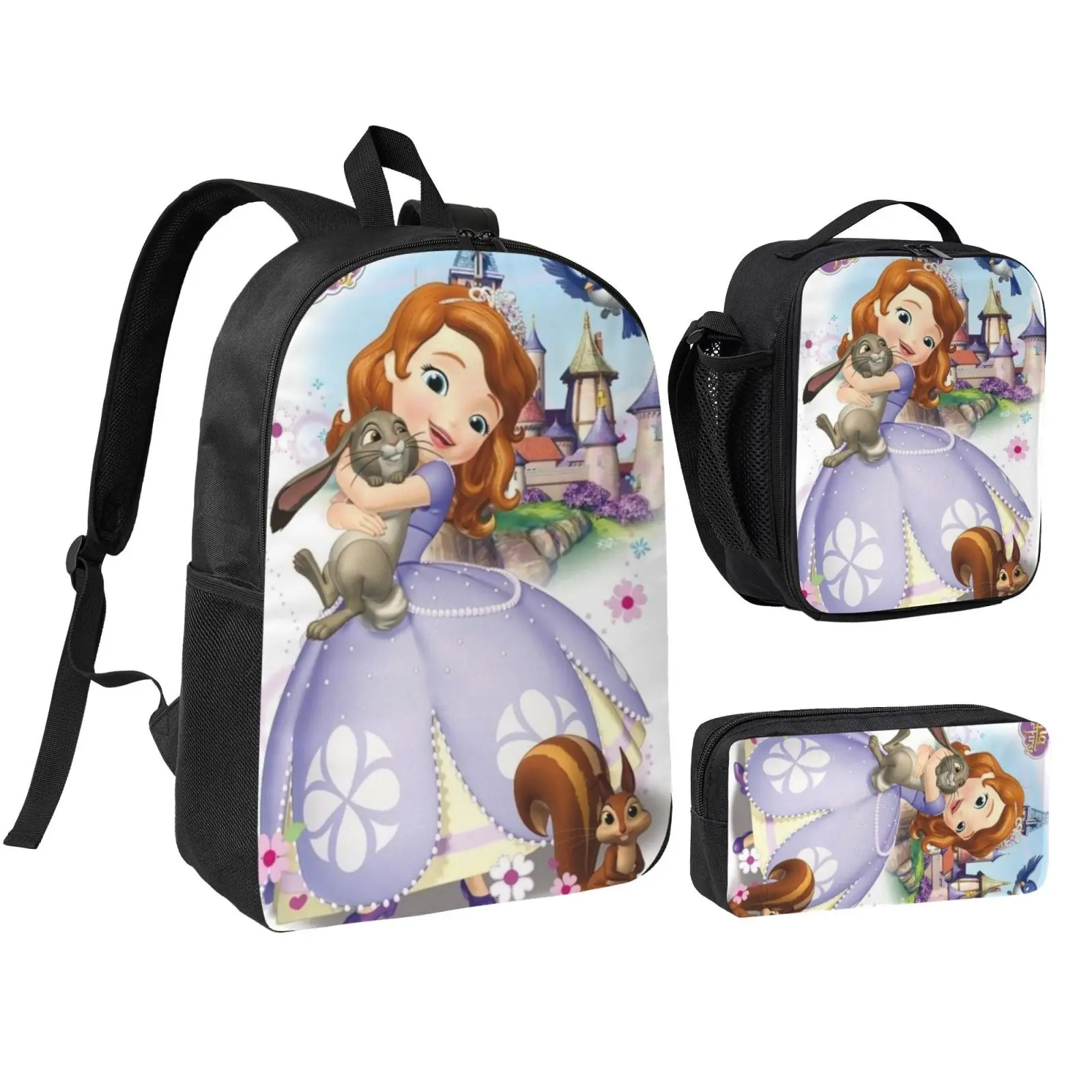 Anime Sofia The First Kids 3Pcs Multipurpose Teen Backpack Set with Adjustable Shoulder Straps, School Bookbag, Insulated Lunch Box & Pencil Bag for Boys Girls Daily School Travel Office