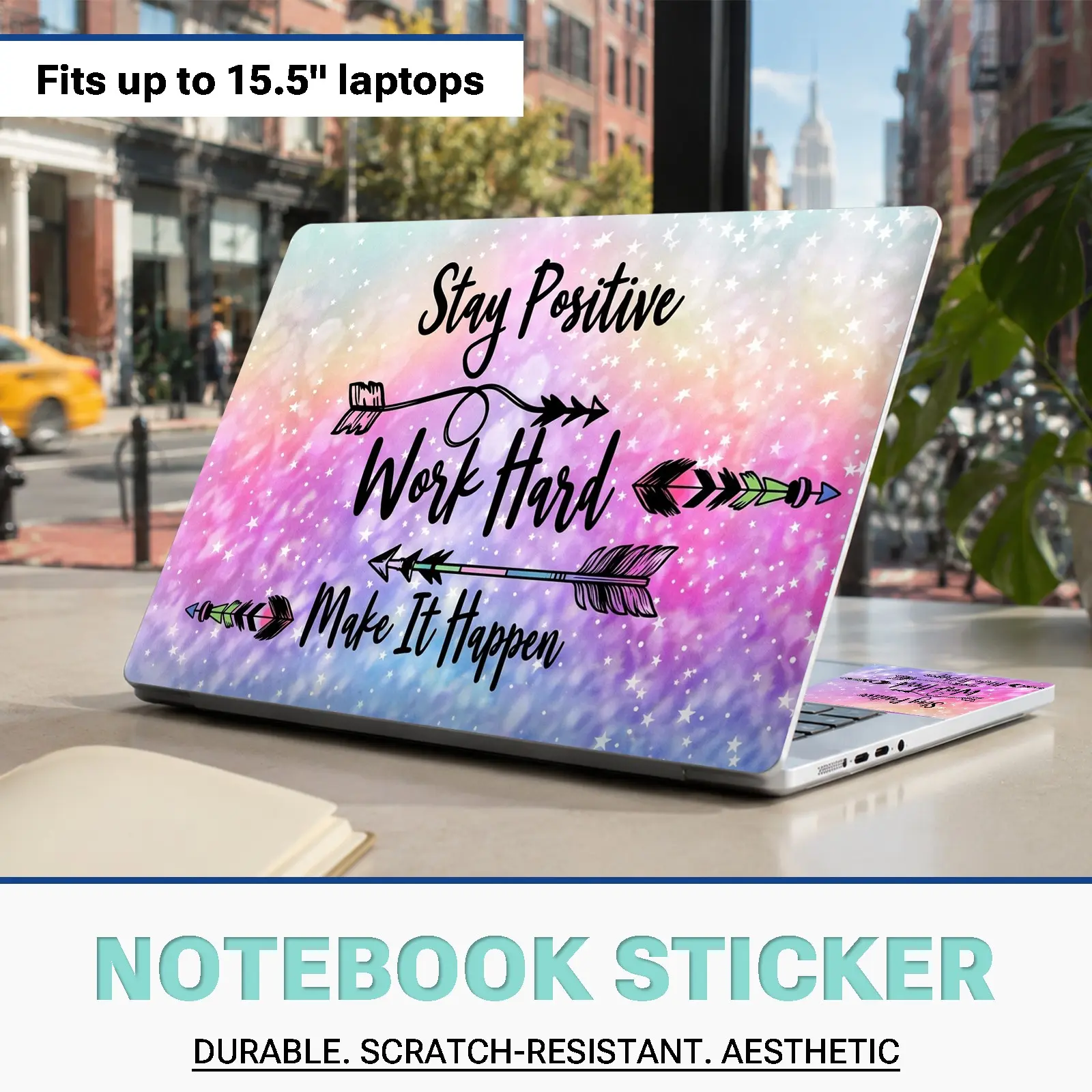 Rainbow Galaxy Inspirational Quote Notebook Skin Cover Set, 3‑Sheet Decals Containing LCD Back Sticker and Two Touch‑Pad Side Stickers, Motivational Text Arrow Graphic, Durable Scratch‑Resistant Vinyl, Removable Laptop Decal, Laptop Accessories