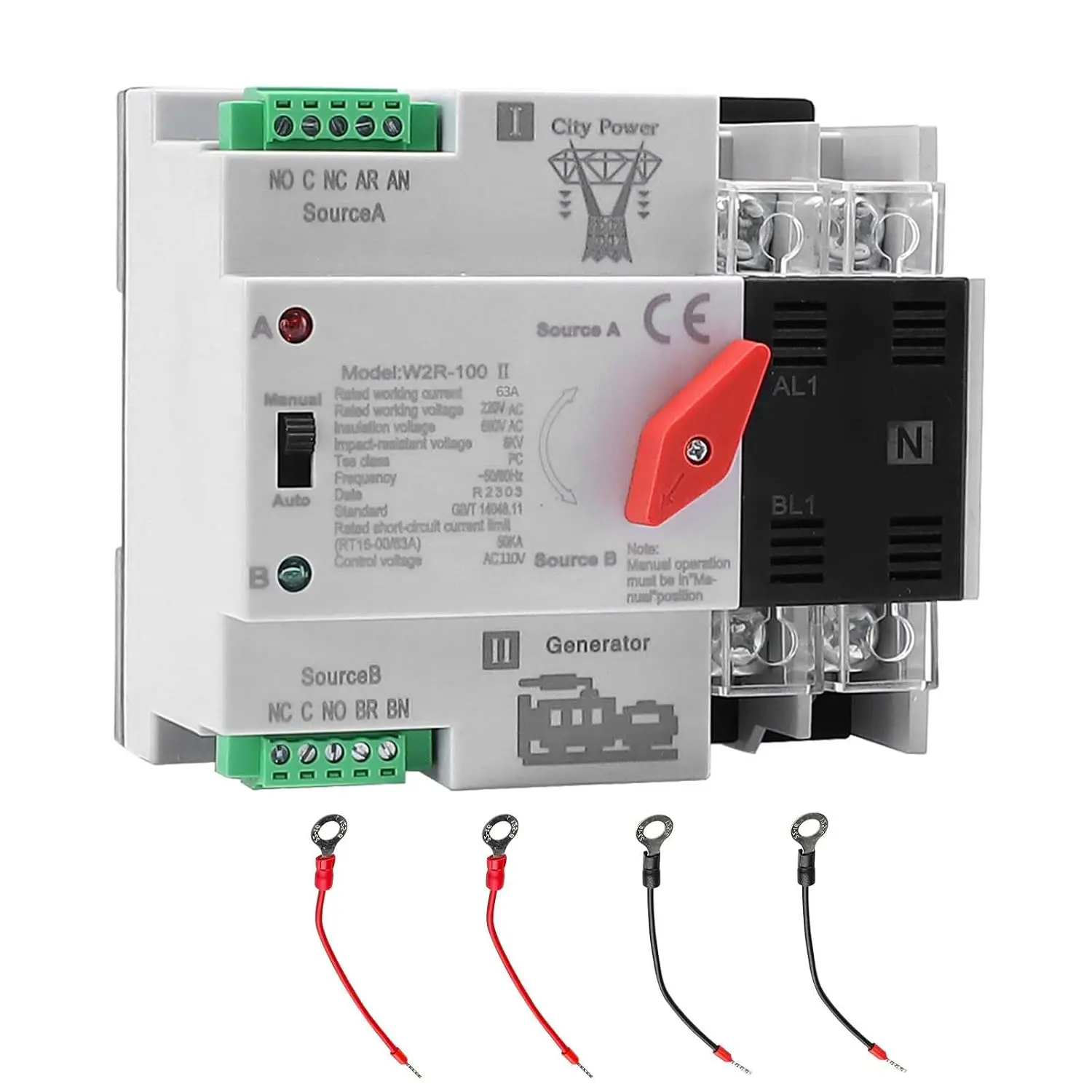 63Amp 110V/Manual Transfer Switch, Mini ATS 2Pole W2R Auto Dual Changeover Switch for Home, Din Rail Mounted 50/60Hz CE Certified for Rv, Lv, Cn Public/Backup