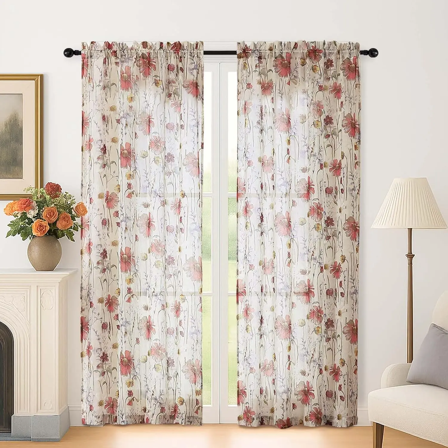 Crushed Sheer Curtains 72 Inches Long 2 Panels, Floral  Light Filtering Curtains for Living Room, Romantic Window Treatments for Bedroom Dining Room with  Rod Pocket, 42" W x 72" L