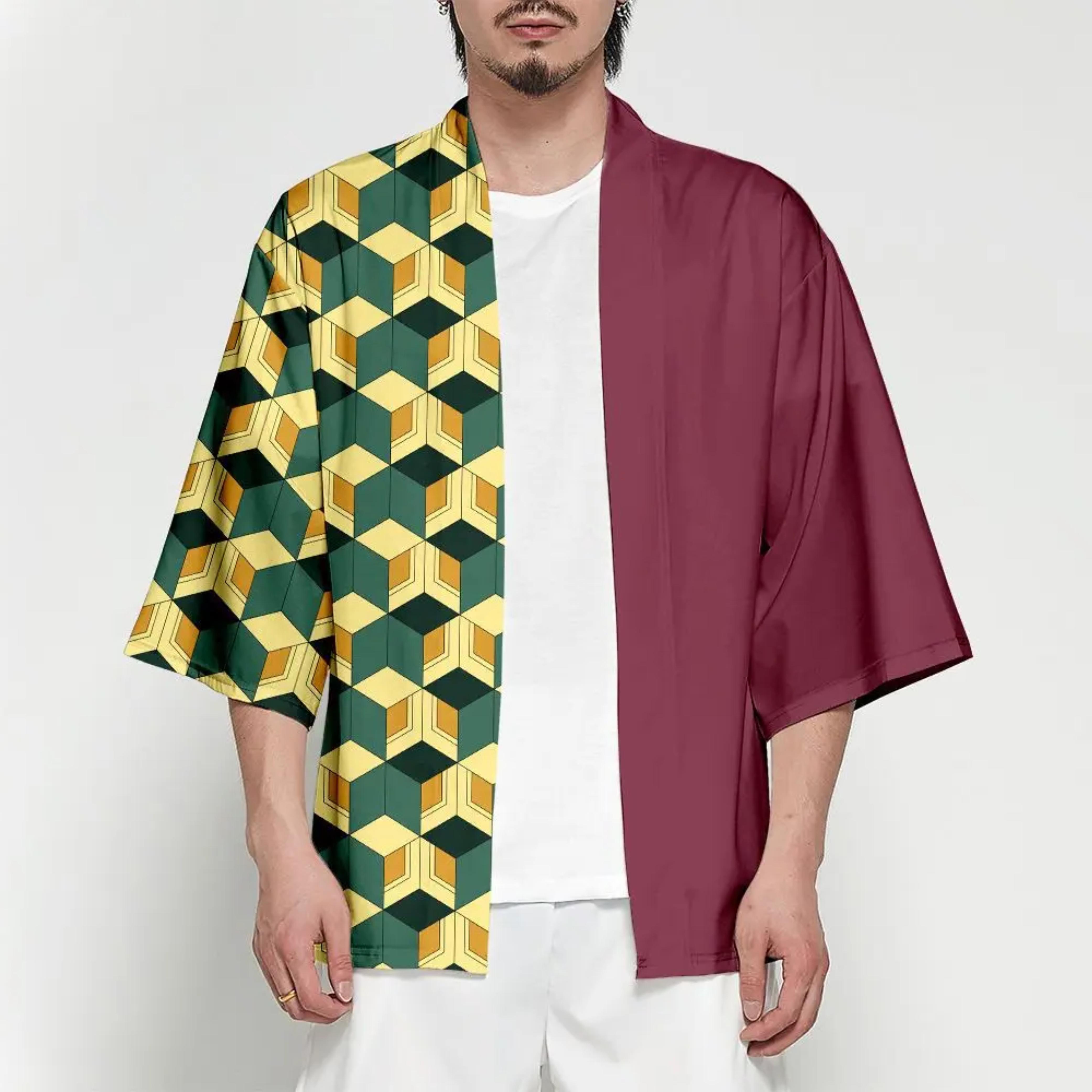 Men Japanese Anime Samurai Tanjirou Kamado Green Black Checkered Kimono Haori Cardigan Zenitsu Agatsuma Yellow Cosplay Costume