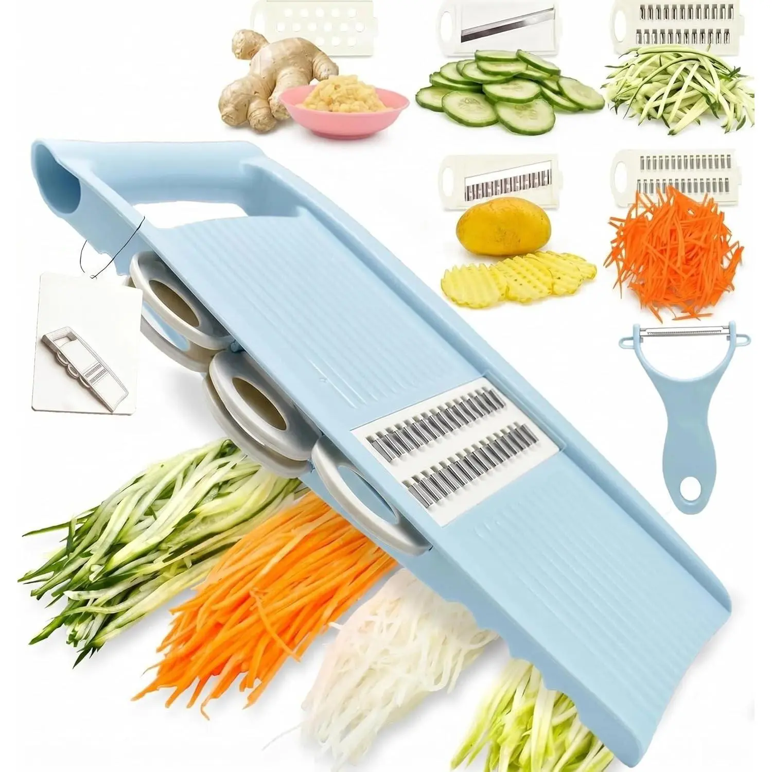 Compact Small Size Handheld Mandoline Slicer with Multi-Blade Set - Kitchen Vegetable Cutter, Potato Chip Slicer, Veggie Shredder, Julienne Tool & Peeler for Small Kitchen Tasks (Blue), Home Cooking