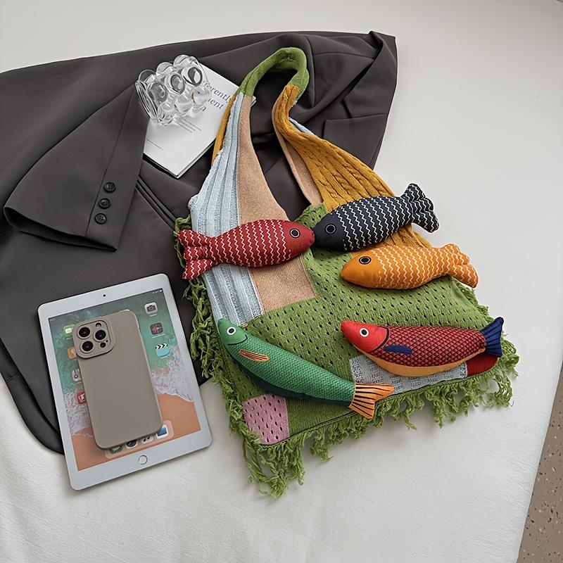 2026 New Niche Versatile Fashion Patchwork Personality Fish Handbag Knitted Tote Bag for College Students, Large Capacity Women's Bag for Class and mute