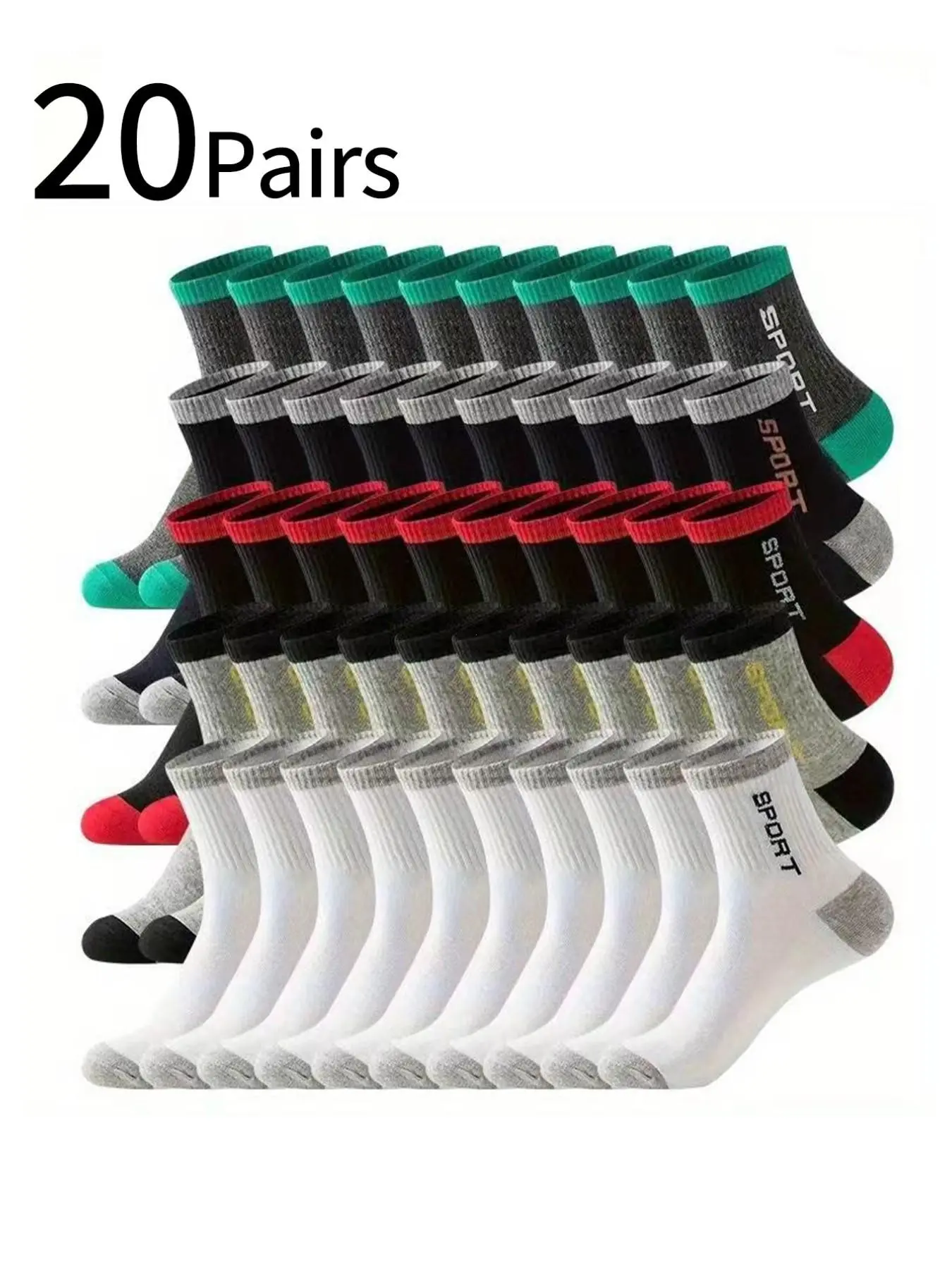 20 Pairs Men's Crew Socks, Fashionable Colorblock Design, Sweat-Wicking Anti-Odor, Soft Skin-Friendly, All-Seasons, Durable Casual Sports Socks, Workout Socks