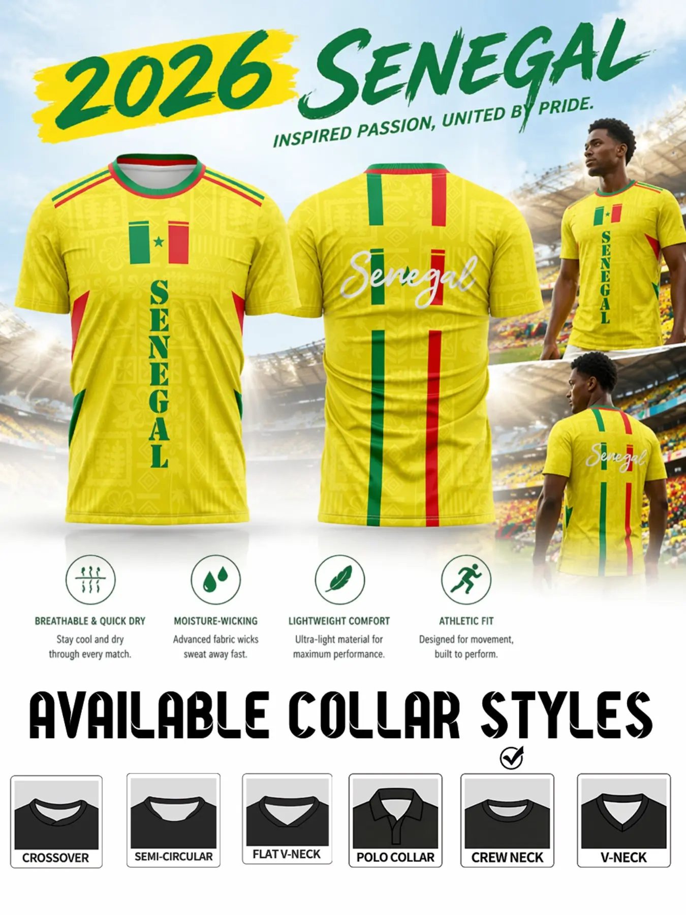 Senegal National Football Jersey, Bright, West African Tribal Symbols, Stripes, Quick-Dry Polyester, Sporty Short Sleeve