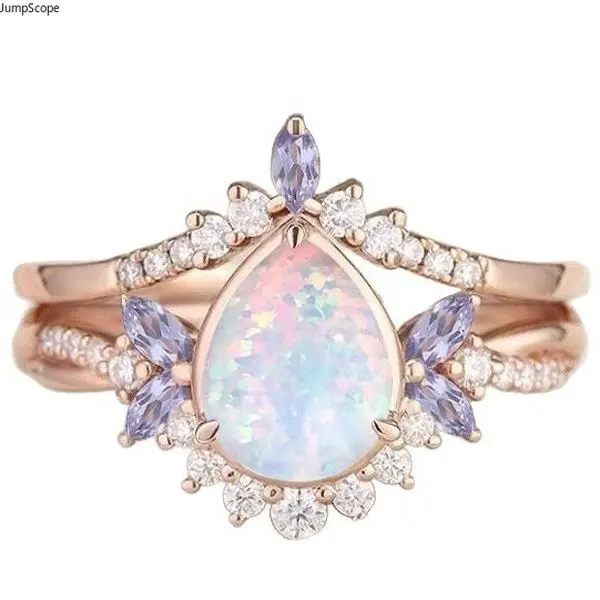 Women's 2-Piece Rose Gold-Plated Stackable Mdf+Steel Set - Pear Iridescent Opal Ring, Vintage Bow Marquise Tanzanite Halo Contoured Guard Band for Wedding Proposal Gift
