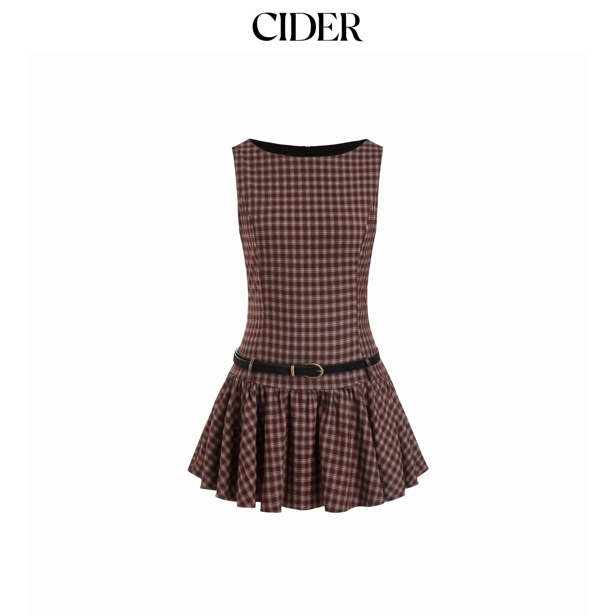 Cider Plaid Boat Neck Drawstring Low Rise A-line Mini Dress SohoChic