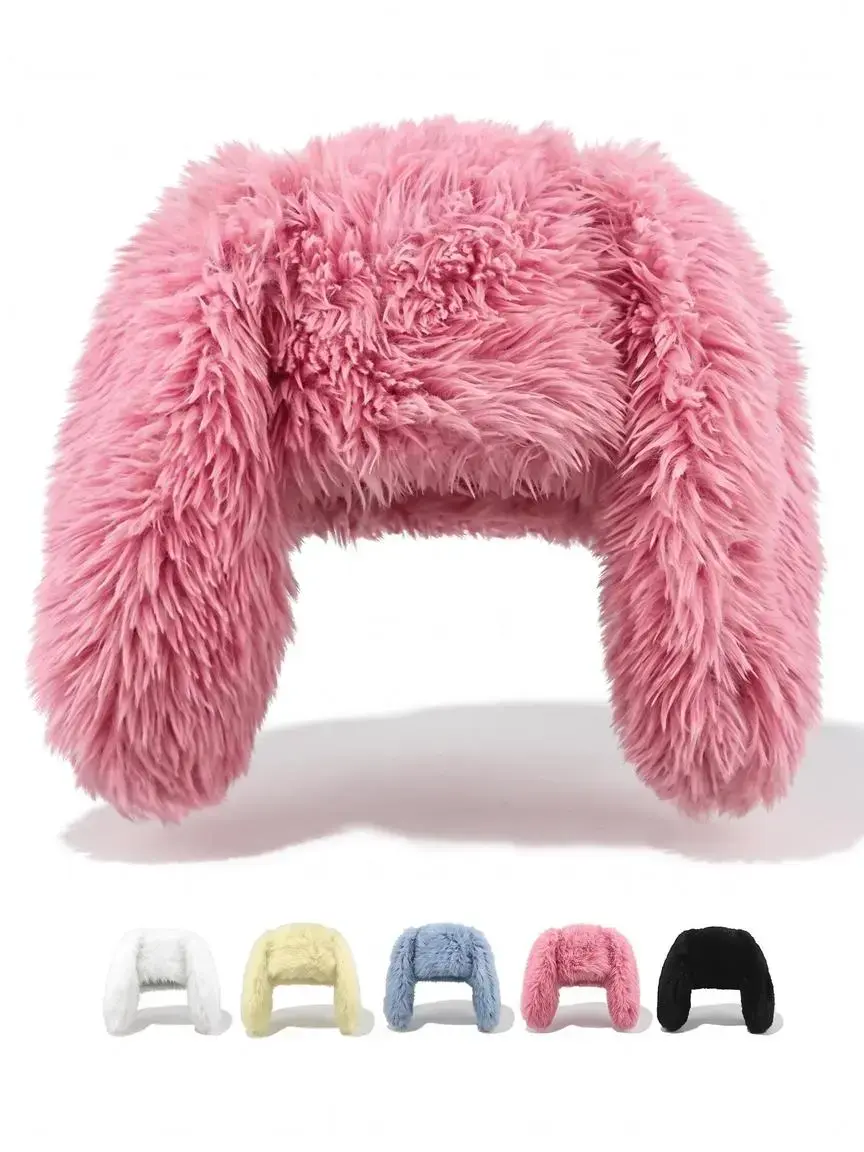 Cute Fluffy Rabbit Ear Design Cap, Soft Plush Warm Beanie Hat for Women & Men, Fashion Accessories for Daily Wear, Funny Bunny Hat, Hat Accessory