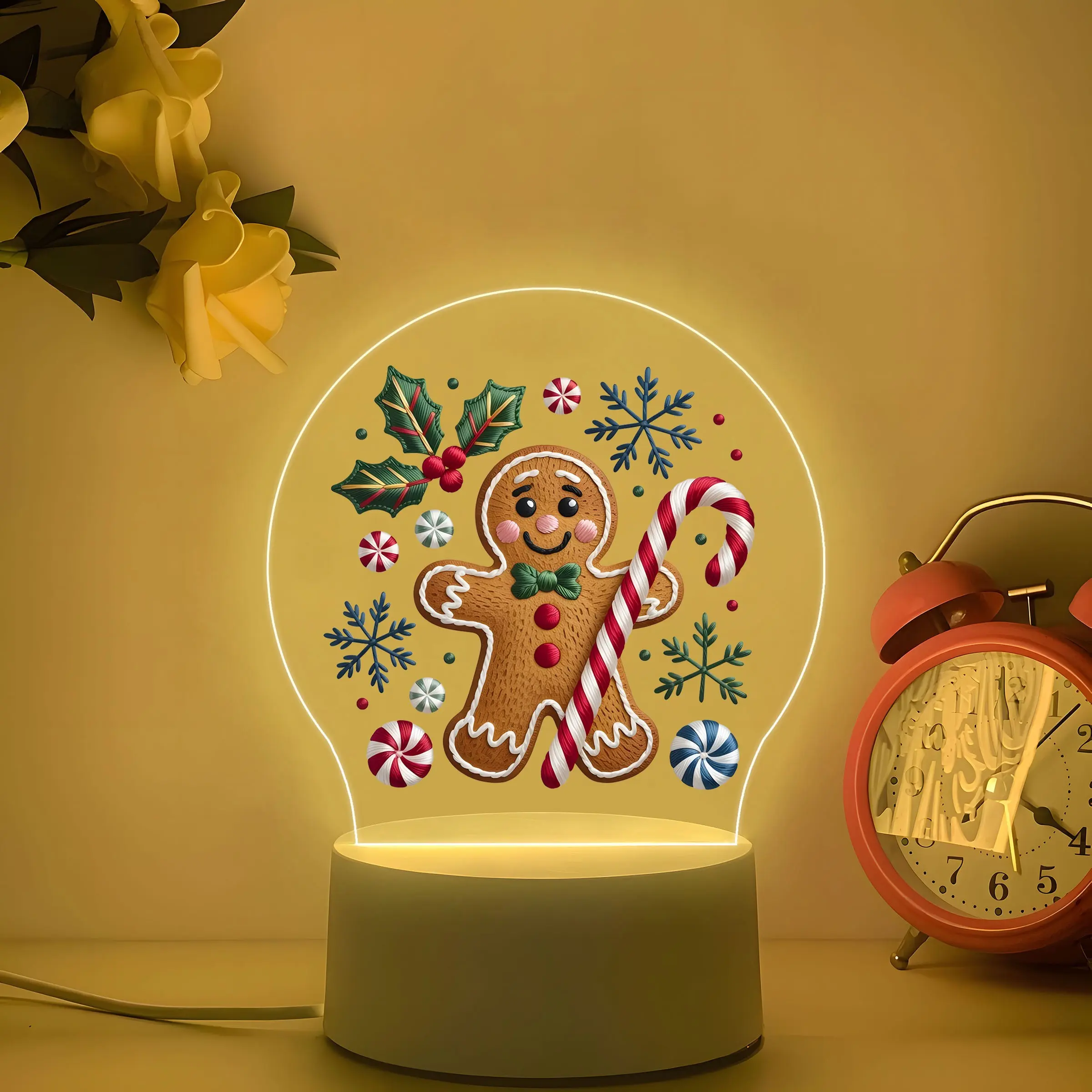 Acrylic Christmas Night Light, Gingerbread Man Design, Warm USB Base, Festive Decor, Perfect for Bedroom, Holiday Gift, Kids' Festival Present