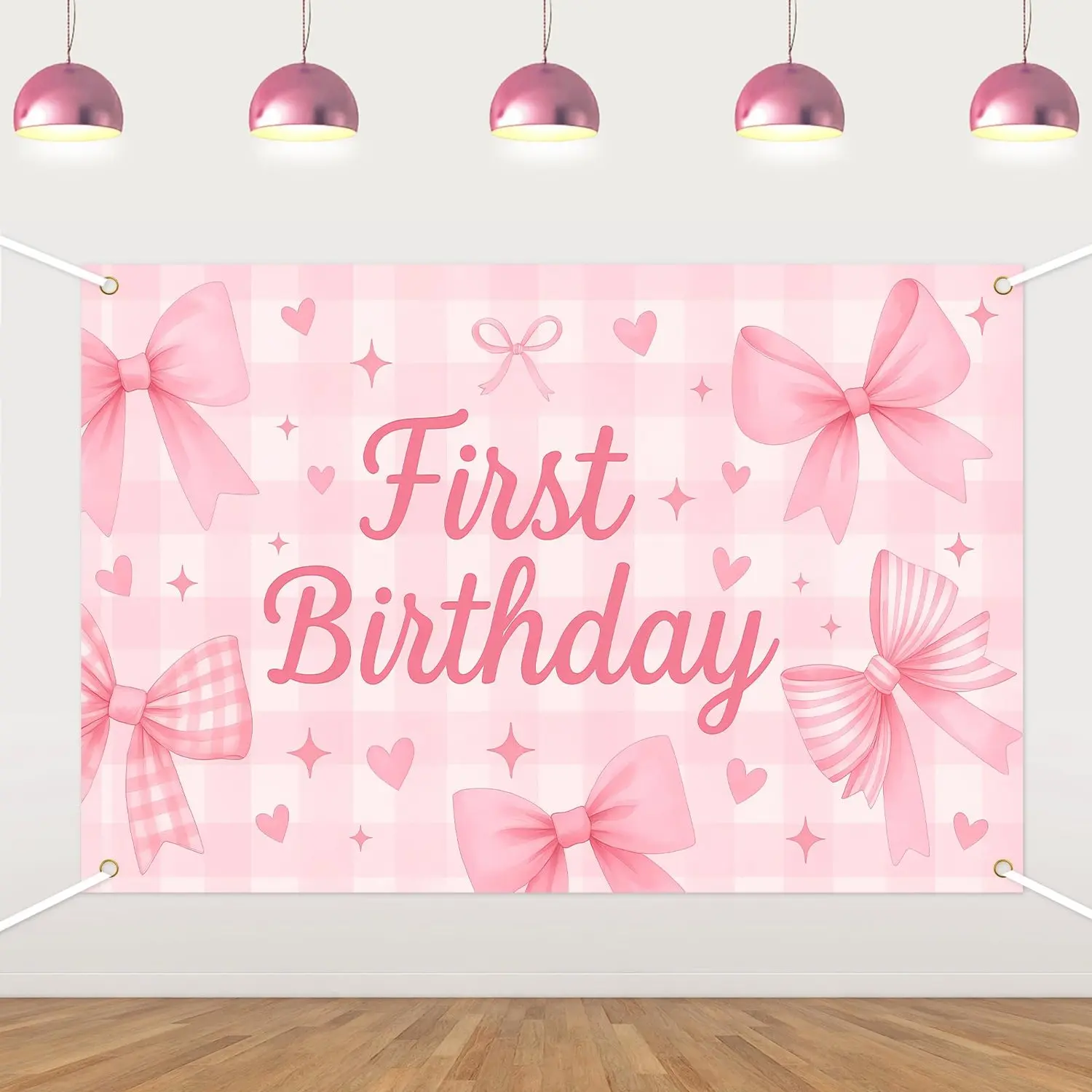 1Set Pink Bow Party Decorations Bow Happy Birthday Backdrop Photography Background Cloth for Girls Women Kids Photo Booth Birthday Party Decor Supplies