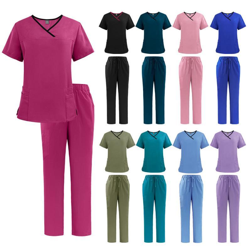 Women'S 2 Piece Stretch Jogger Scrubs Set Solid V-Neck Nursing Uniform Quick Dry Breathable