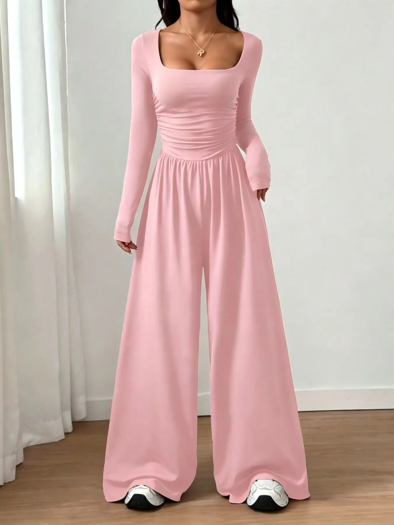 2026 Fall Women Square Neck Long Sleeve Jumpsuit Ruched Waist Slim High Waist Flowy Wide Leg Pants One Piece Casual Coquette Lounge Playsuit