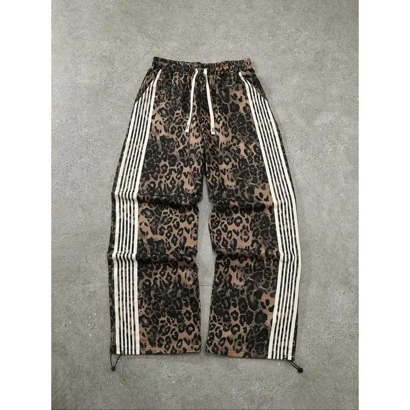 Unisex Leopard Striped Trim Sweatpants, Casual Comfy Breathable Jogger Pants for Daily Wear, Unisex Bottoms for All Seasons, Breathable Athletic Bottoms