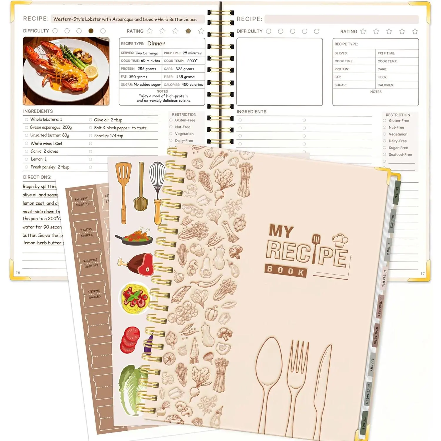 Blank Recipe Book to Write in Your Own Recipes, 8.5"x11" Blank Recipe Notebook for 140 Recipes, Personal Cookbook Hardcover Journal with Tabs, Stickers & Pocket, Beige