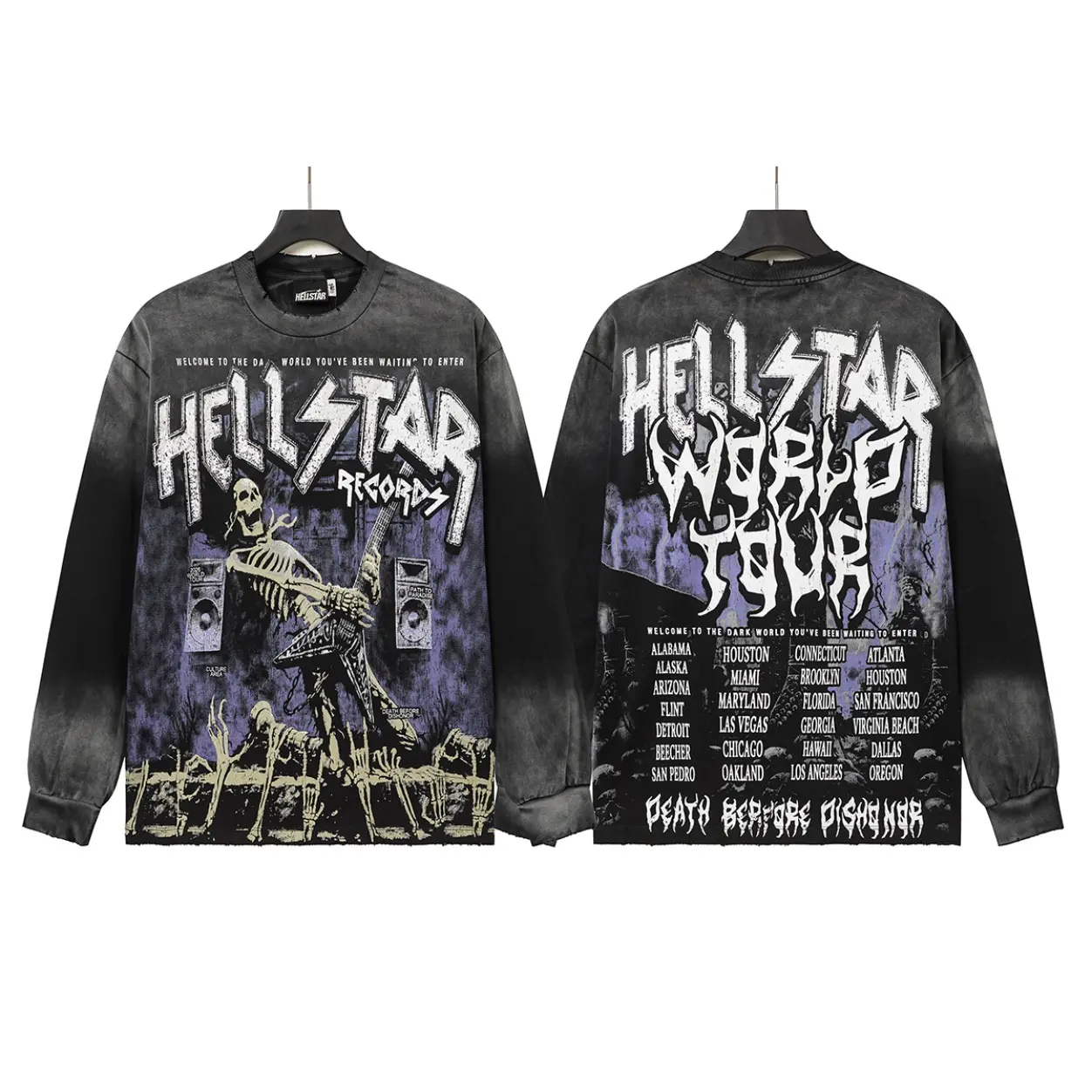 Men's Hellstar World Tour Skeleton Guitar Graphic Long Sleeve Tee, Vintage Washed Distressed Raw Edge Crewneck T-Shirt, Rock Streetwear Top for Young Men Teen Boys, Casual Outdoor Shirt for Halloween, Thanksgiving, Christmas,Daily Street Outfit