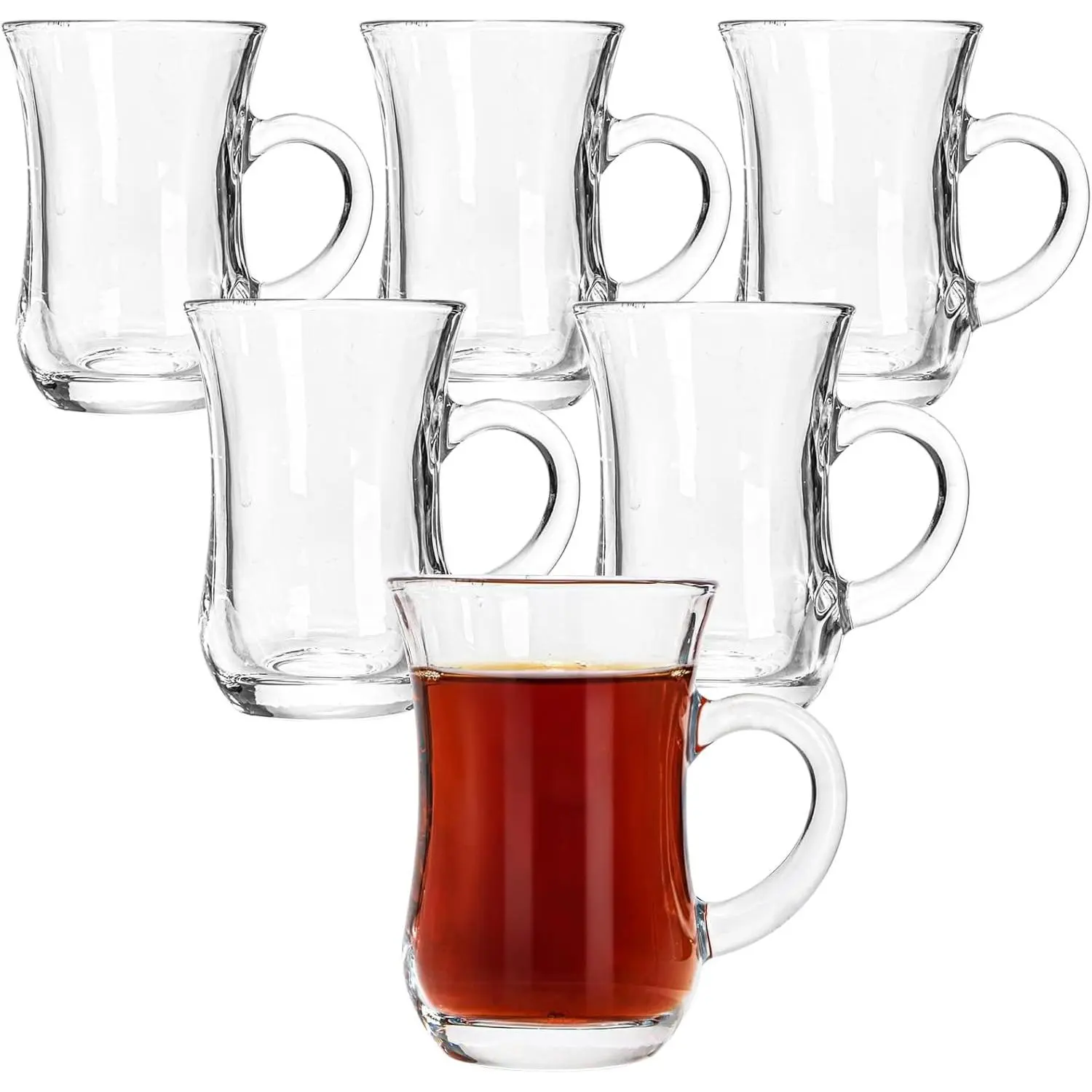 Set of 6 5 oz Clear Turkish Tea Glasses with Handle, Slim Waist Design Thick Sole Heat Retention, Small Glass Cups for Tea, Espresso Coffee, Hot Chocolate
