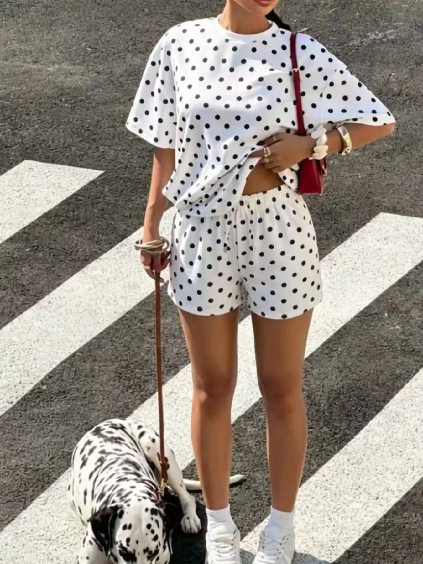 2-Piece Set Basic Casual Round Neck Drop Shoulder Loose Short Sleeve Polka Dot Top, Drawstring High Waist Straight Leg Shorts Clothes