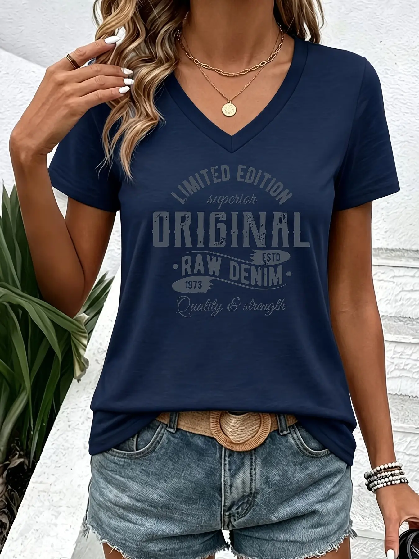 Women's V Neck Short Sleeve T-Shirt, Letter Print Design, Casual Slim-Fit, All Seasons, Fashion Essential