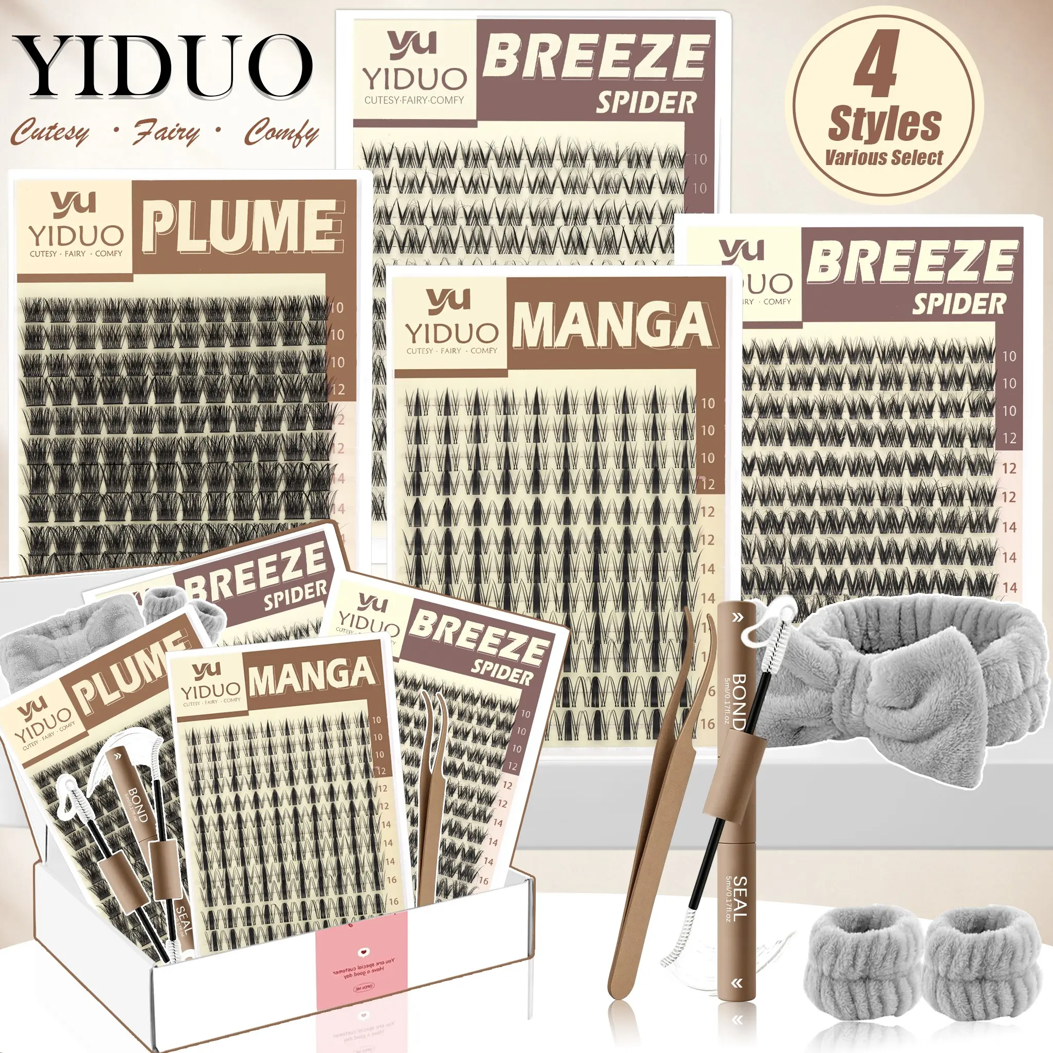 YIDUO 4-Style Eyelash Cluster Kit: Manga/Wispy/Breeze/Spider Eyelash Cluster Kit—10–16 mm Cluster Eyelash Extension Kit, 504 Pcs, D-Curl, Includes Eyelash Bond and Seal, Eyelash Tweezers—Easy DIY at Home, Fluffy Eyelash Clusters