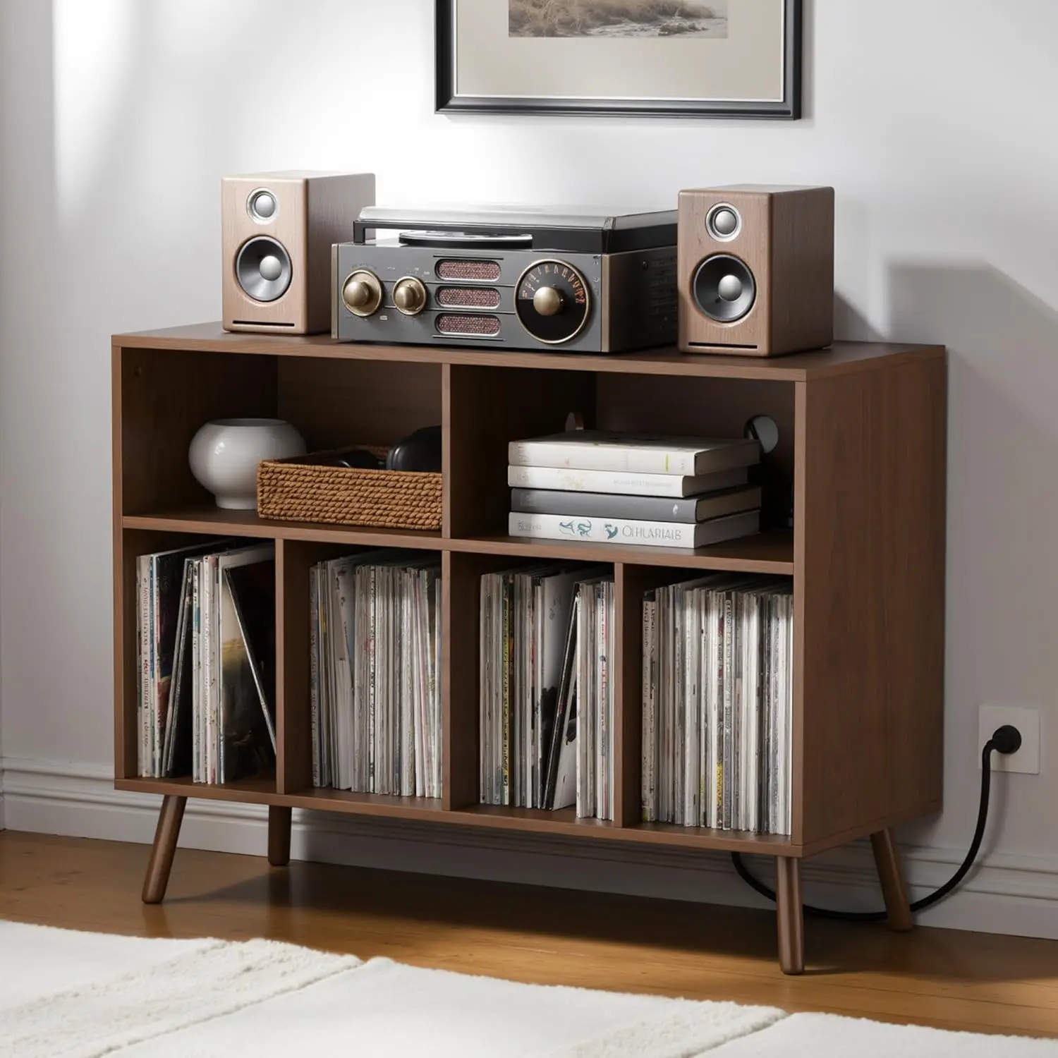 Large 39.5" Record Player Stand with Charging Station – Holds 350+ Vinyl Albums – Modern Engineered Wood Turntable Cabinet with Open Shelves – Entertainment Furniture for Living Room, Bedroom, or Office