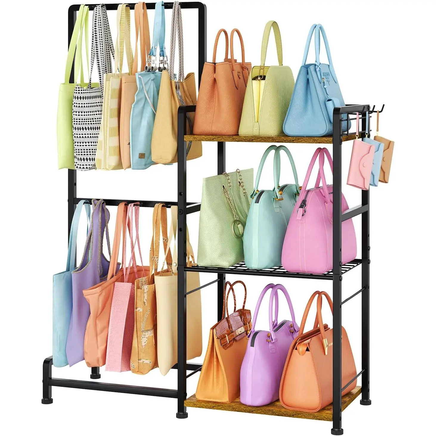 Purse Storage Organizer for Women, 3-Tier Max Purse Storage Stand Rack Holder & Bag Shelf for Closet,12 Fixed Hooks& 3 Side Hooks,Keeping Purses Visible,Purse Display & Bag Organizer for Various Bags