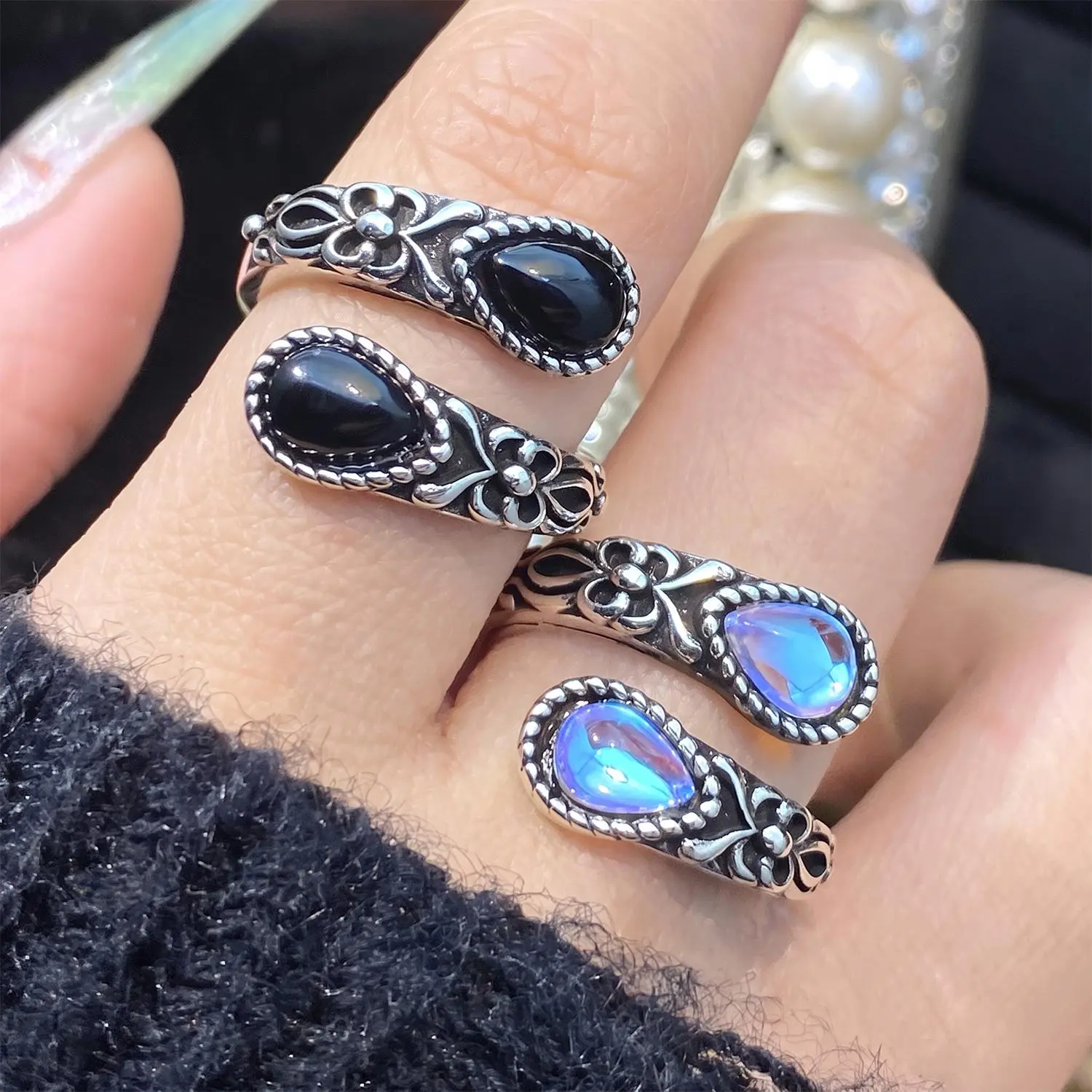 925 Sterling Silver Moonstone Ring for Women, Adjustable Retro Floral Thumb Ring, Vintage Boho Gemstone Open Ring, Jewelry Gift for Mom Wife Sister Girlfriend Her