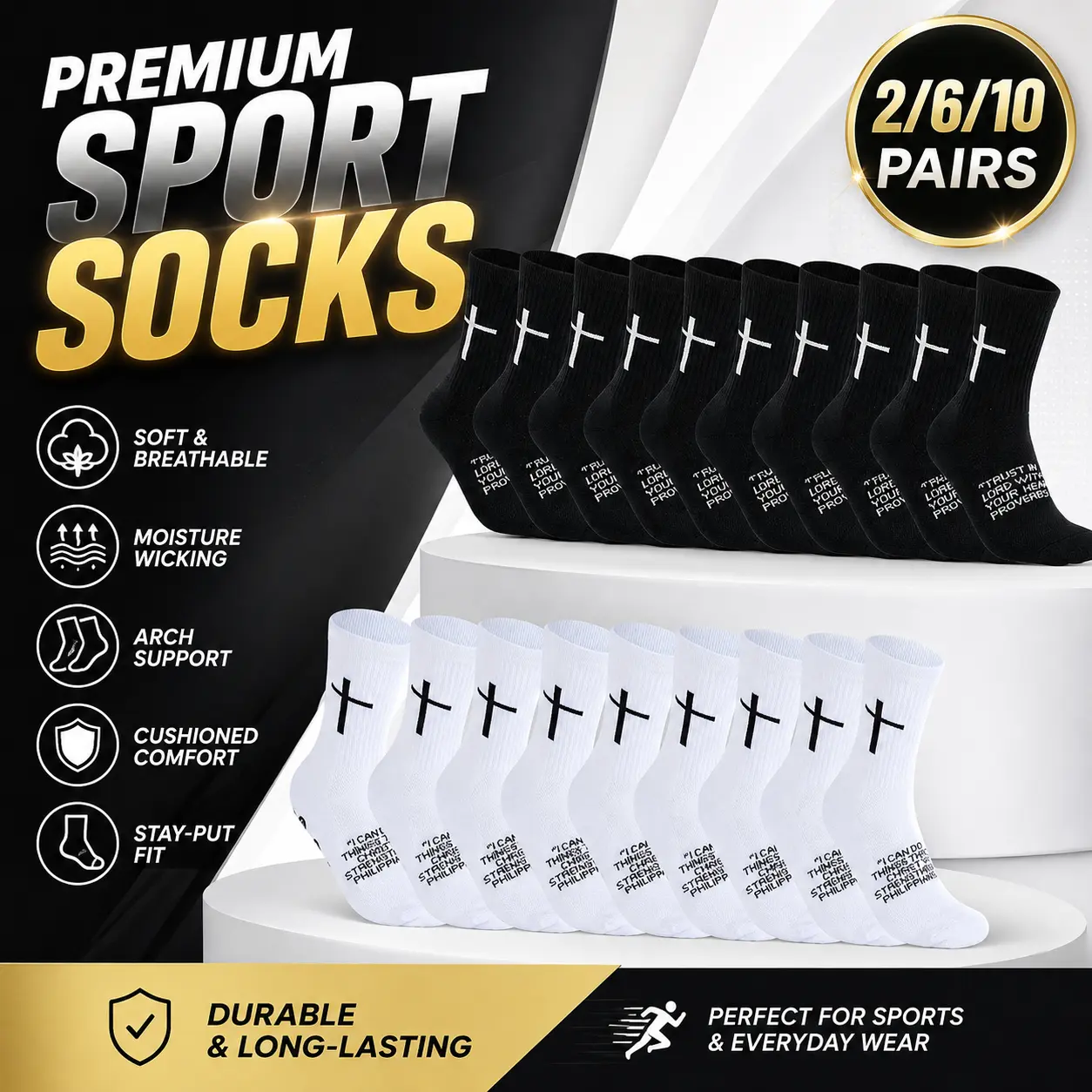 2/6/10 Pairs Classic Black and White Cross Grip Anti-Slip Football Socks, Letter and Yoga Design Rubber Dots Sports Socks, Anti-Slip Socks for Football Basketball Baseball Rugby Running, Suitable for Easter Valentine's Day and Father's Day Gifts