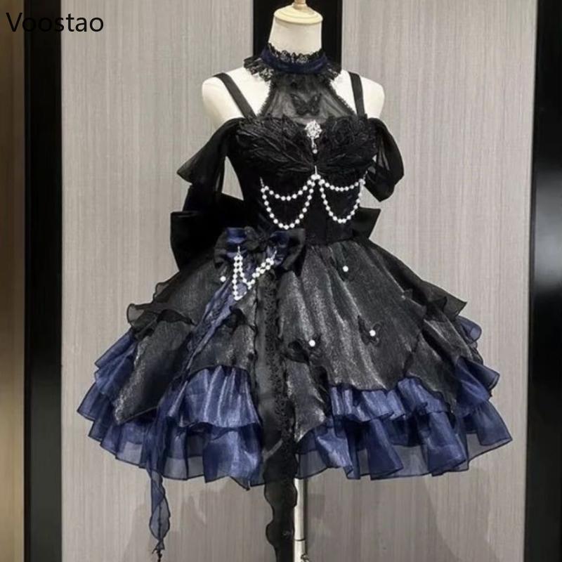 Japanese Style Gothic Lolita Jsk Dress Women Vintage Sweet Lace Bow Ruffles  Party Cake Dresses Harajuku Slim Bandage Dress - TikTok Shop