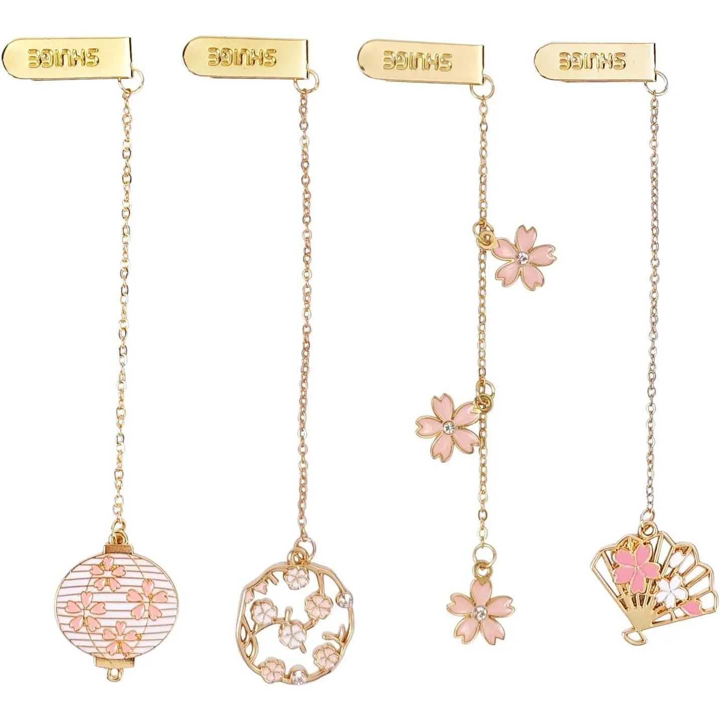 Metal Bookmarks for Women, Cute  Cherry Blossom Bookmark Set of 4 with Chain, Pretty Floral Book Marks, Fancy Reading Accessories and Bookish Gifts for Book Lovers
