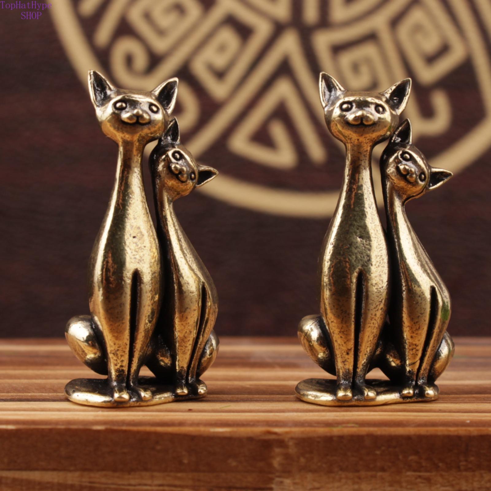 Trending Brass Couple Cat Figurines, Cute Mini Home & Office Desktop Ornaments, Vintage Animal Decor for Tabletop & Shelf Display
