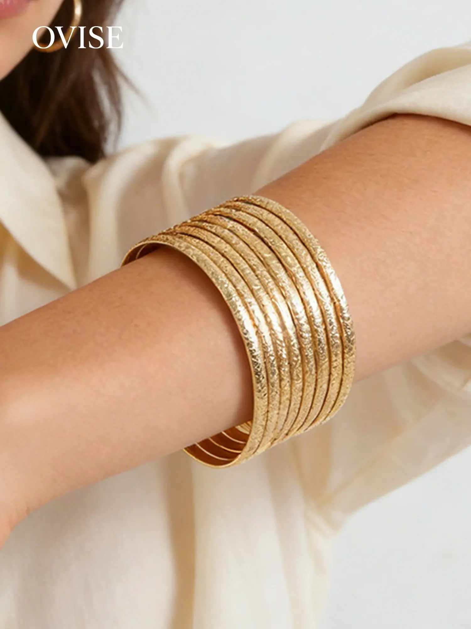 Fashionable Luxury Metal Texture Bangle Bracelet, Copper Bangles, Vintage Simple Matte Ring Jewelry Set, Casual All-Season Accessory, Bracelets Bangles