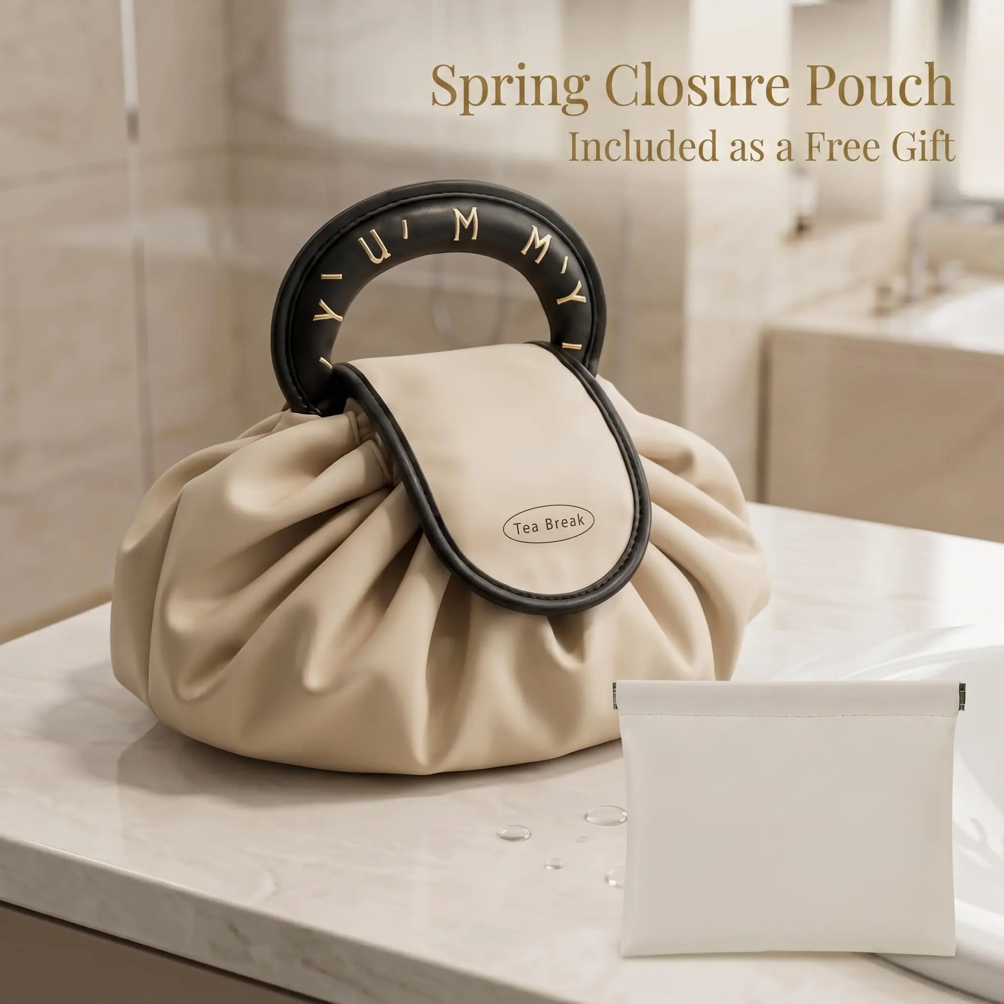 Everyday portable makeup bag—featuring a convenient drawstring design, waterproof PU material, and suitability as a travel toiletry organizer; minimalist urban style, perfect for a woman's daily routine. Includes a bonus spring-closure pouch for a limited
