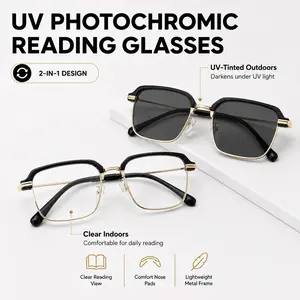 Photochromic Reading Glasses & 0.00 Non-Prescription Glasses, Anti-Blue Light UV Protection Eyeglasses for Men and Women, Lightweight Black Gold Frame