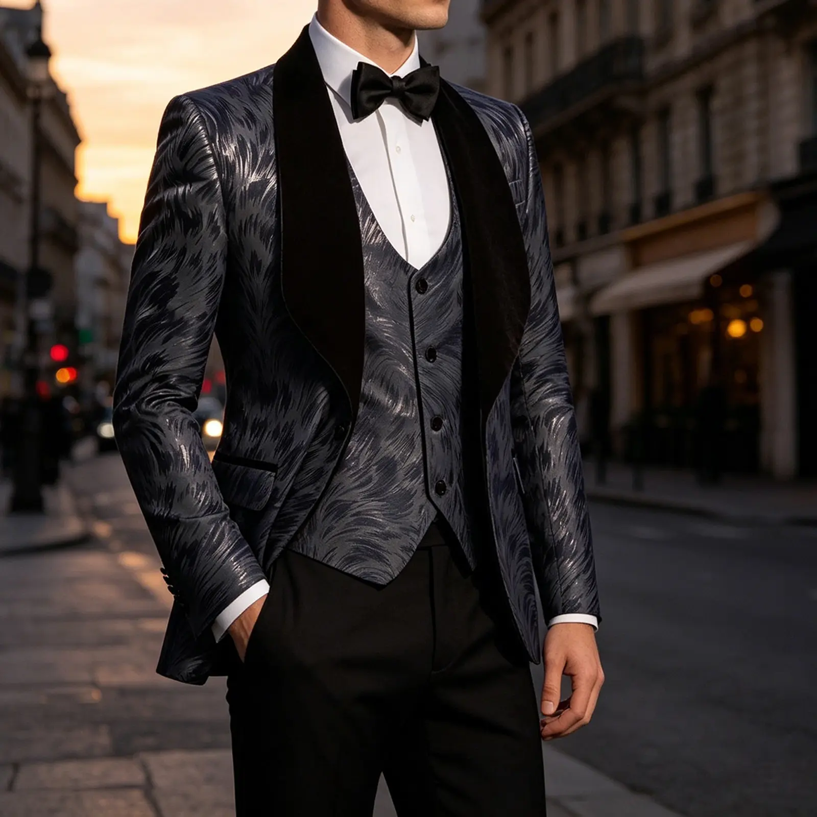 Men 3 Piece Suit Black  Feather Jacquard Tuxedo Jacket Matching Lapel Formal Outfit for Wedding Prom Stage Performance Blazer Classic