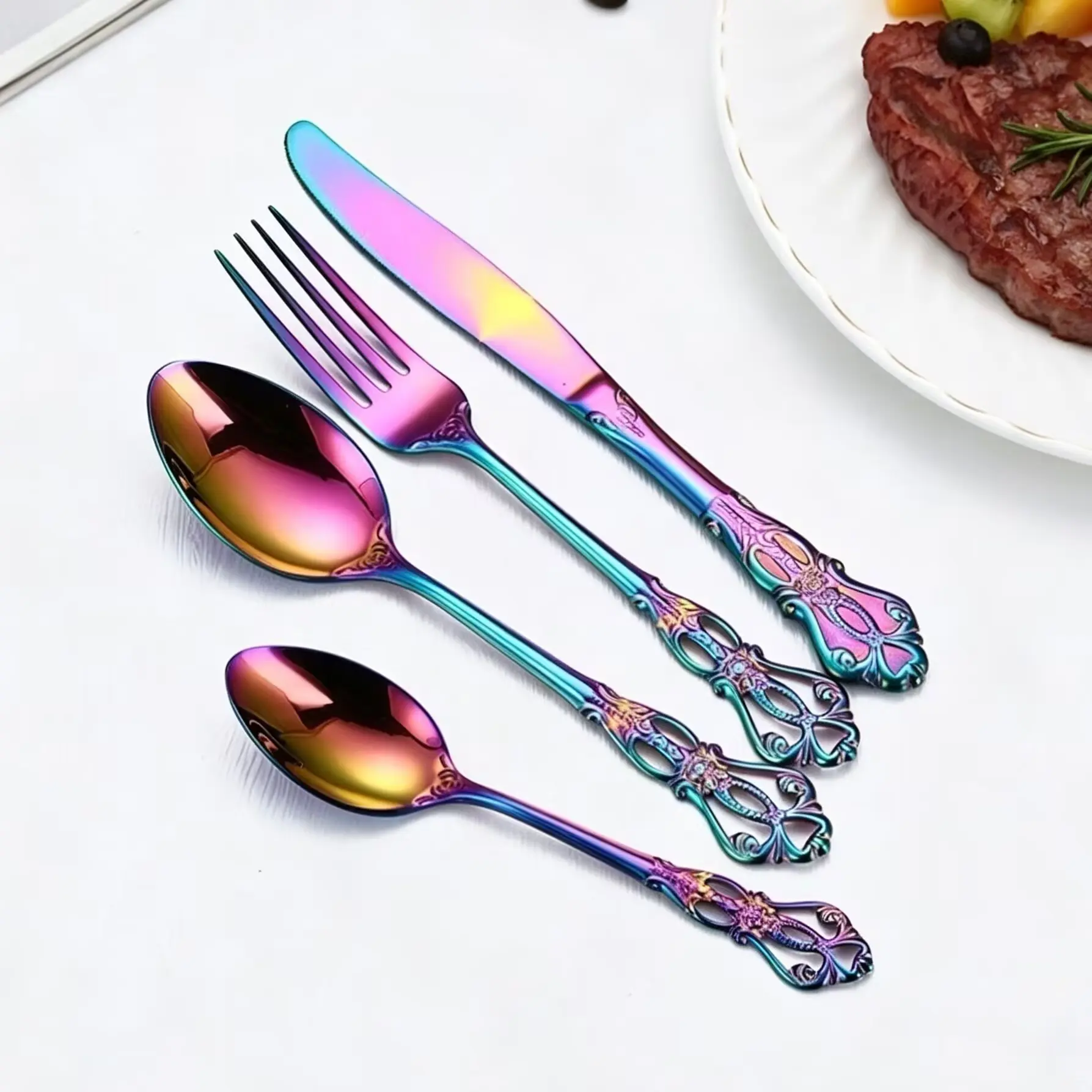 24pcs Stainless Steel Embossed Cutlery Set, Elegant Colorful European Pattern, Steak Knife Fork Spoon, Western Dining Set