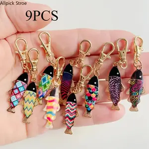 9-Pack Cute Cartoon Fish Keychains, Alloy Animal Keyrings with Lobster Clasps, Bag Charms for Backpacks, Handbags & Gifts