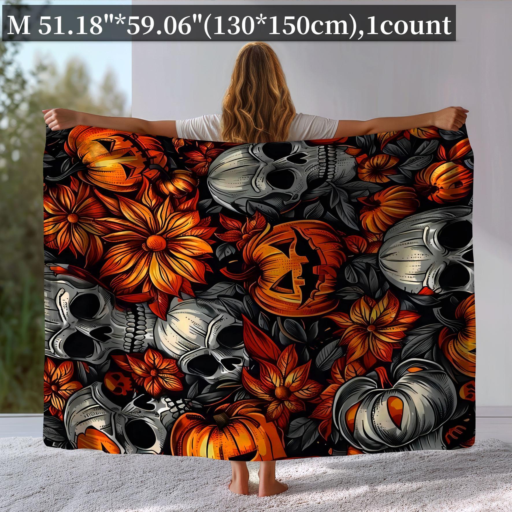 Skull & Pumpkin Pattern Blanket, 1 Count Soft Warm Nap Throw Blanket, Air-conditioned Room Blanket for Home Office Travel Camping Dormitory, Christmas Gifts, Christmas Decorations, Floral Print Blanket