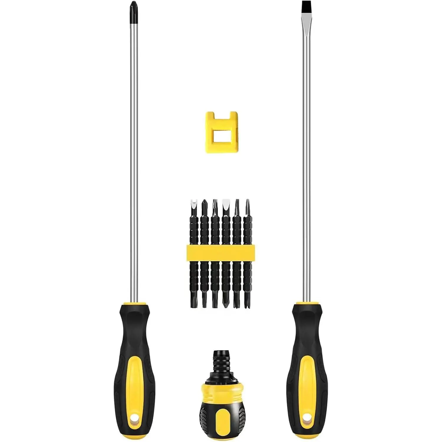 10 count Long  Screwdrivers with Ratchet Set, 10" PH2 SL6 | Extra Long Shaft Phillips Slotted, with Magnetizer, Rubber Handle, Chrome Vanadium Steel