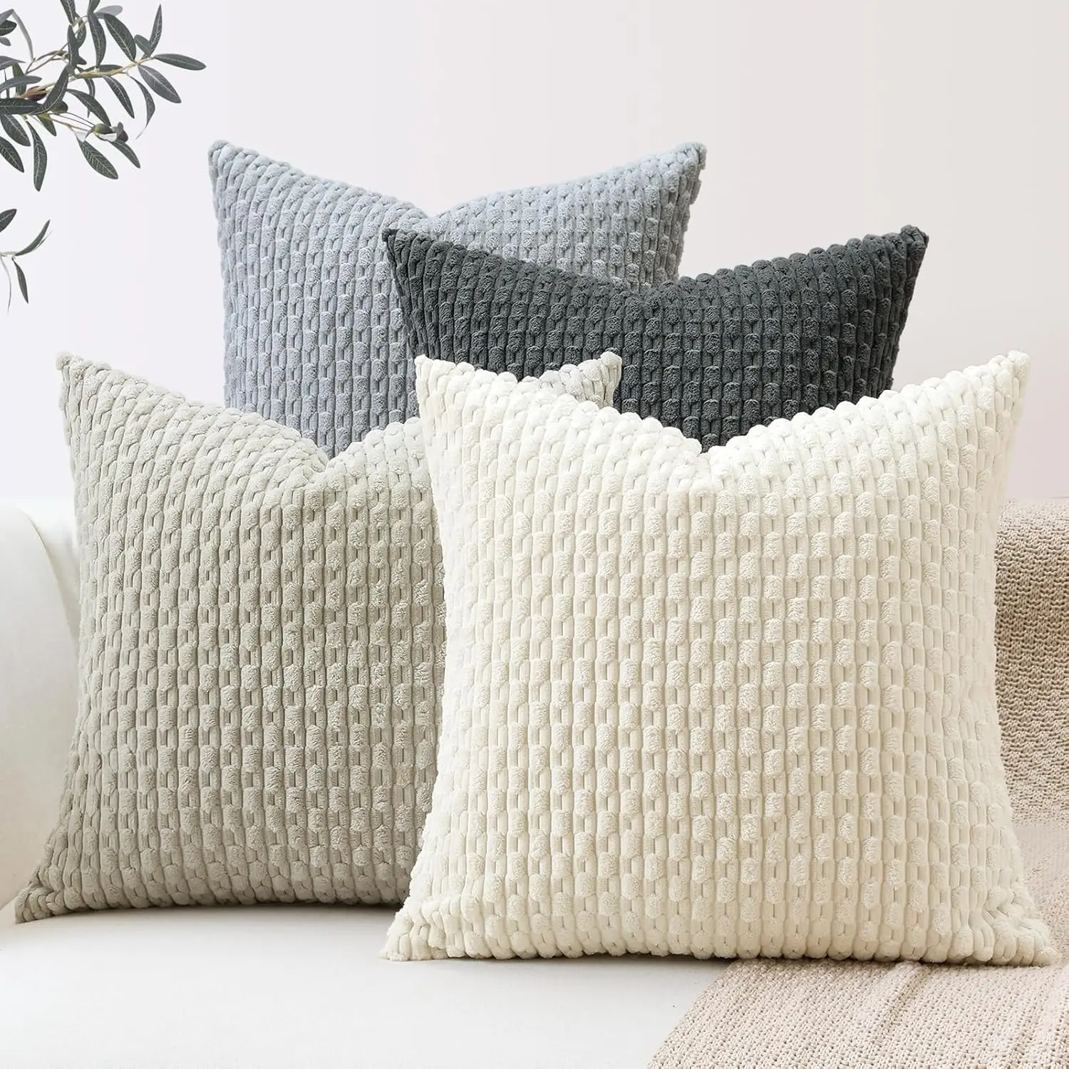 4PCS Neutral Soft Corduroy Decorative Throw Pillow Covers 18x18 Inch/ 20x20 Inch/ 16x16 Inch Square Striped Boho Pillow Cases for Sofa Couch Bedroom Living Room Patio Farmhouse Modern Home Decor Cushion Cover Room Cozy Accessories (Without pillow insert)