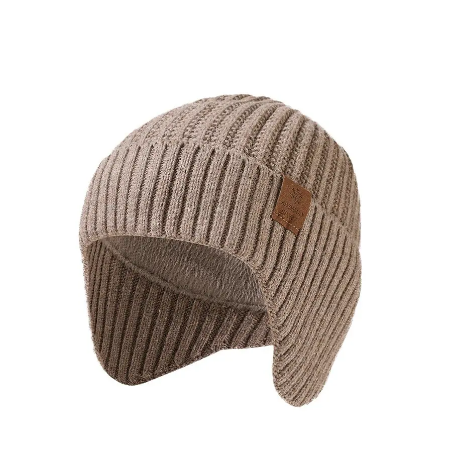 Men's Thick Wool Blend Knitted Cap (Medium Size M) - Full Ear Flap Coverage, Soft Plush Inner Lining, High Stretch Oversized Head Circumference, Wind-Lock Warm Fabric, Cold-Resistant Headwear for Autumn Winter Cycling Hiking
