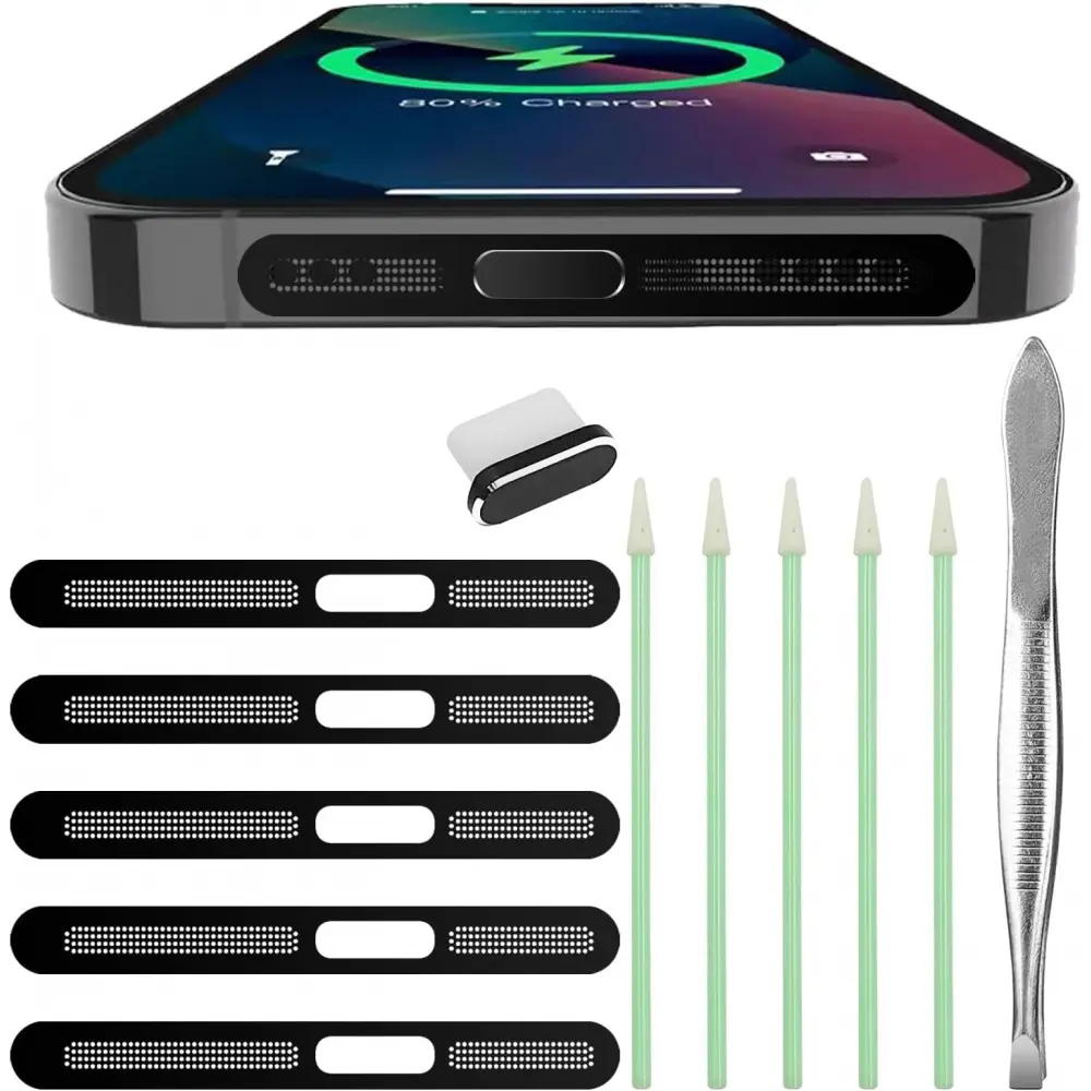 12 Pcs Cellphone Anti Dust Kit, 5 Phone Metal Speaker Dustproof Mesh Compatible for iPhone 16 15 14 Pro/Pro Max, Anti-Dust Mesh Covers with 1 USB C Dust Plugs & 1 Tweezers & 5 Cleaner Sticks