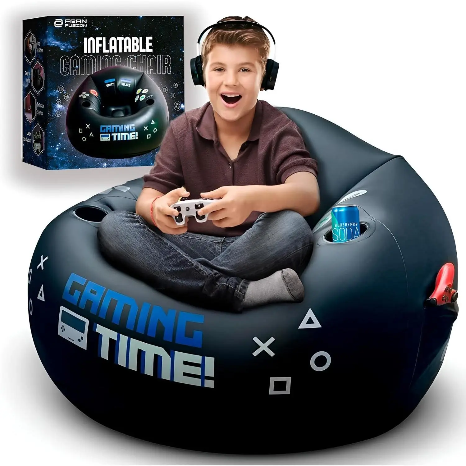 Inflatable Gaming Chair for Kids & Teens with Cup Holders and Side Pocket - This Air Gaming Bean Bag Chairs is The Perfect Furniture for Gamer Room Decor - Perfect Gaming Stuff for boys 4-12