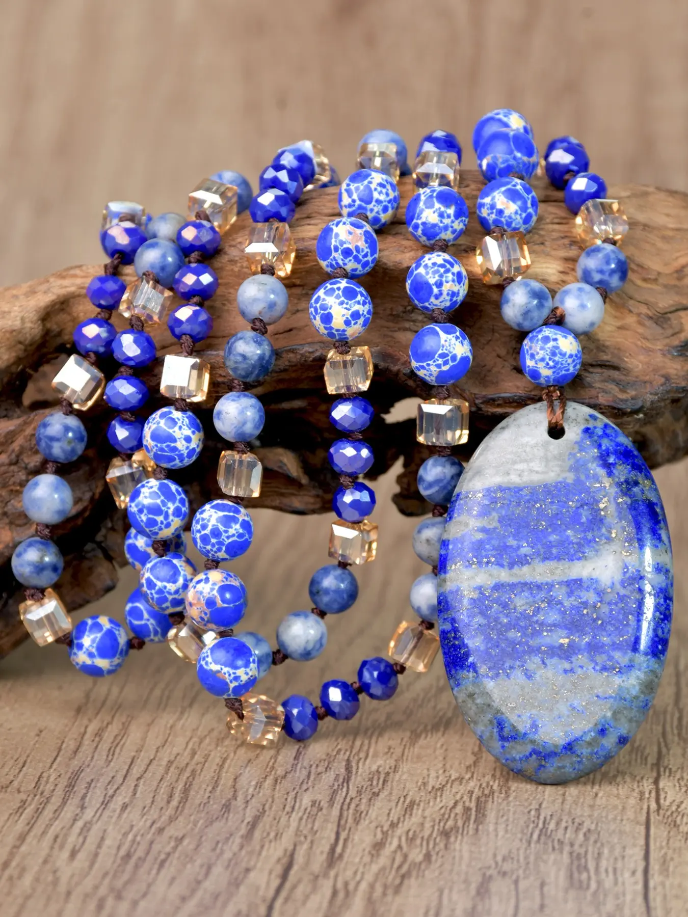 Boho Lapis Lazuli Pendant Long Necklace, Vintage Ethnic Natural Stone Sweater Chain, 108 Beads Mala Prayer Bead Handmade Jewelry Gift