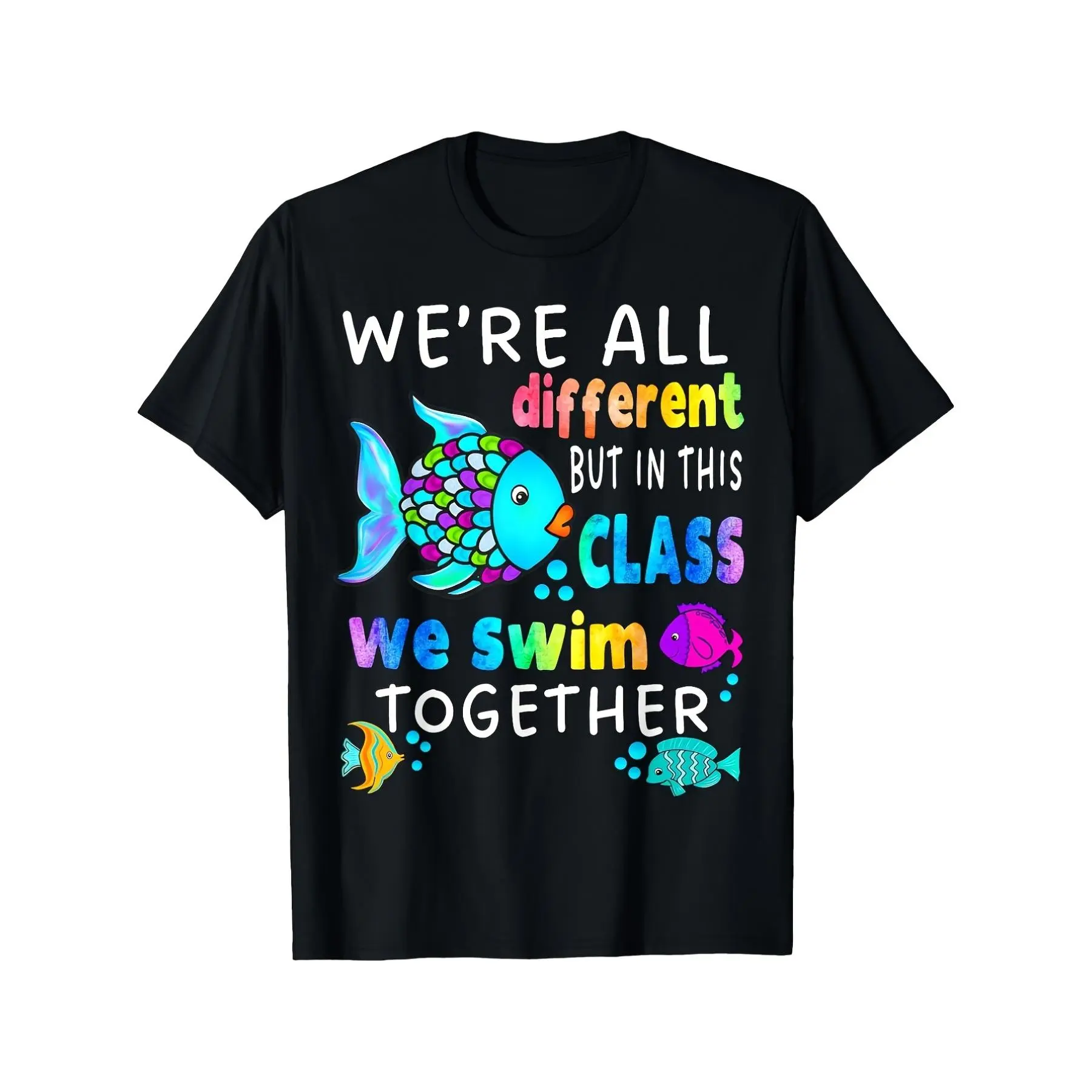 Men's Inclusive Diversity Print Short Sleeve Tops - "We're All Different But We Swim Together" Message, Colorful Fish Symbols, Comfortable Casual Round Neck Menswear Fashion Tee for Teachers, Events, Tshirt, Shortsleeve, All Over Print